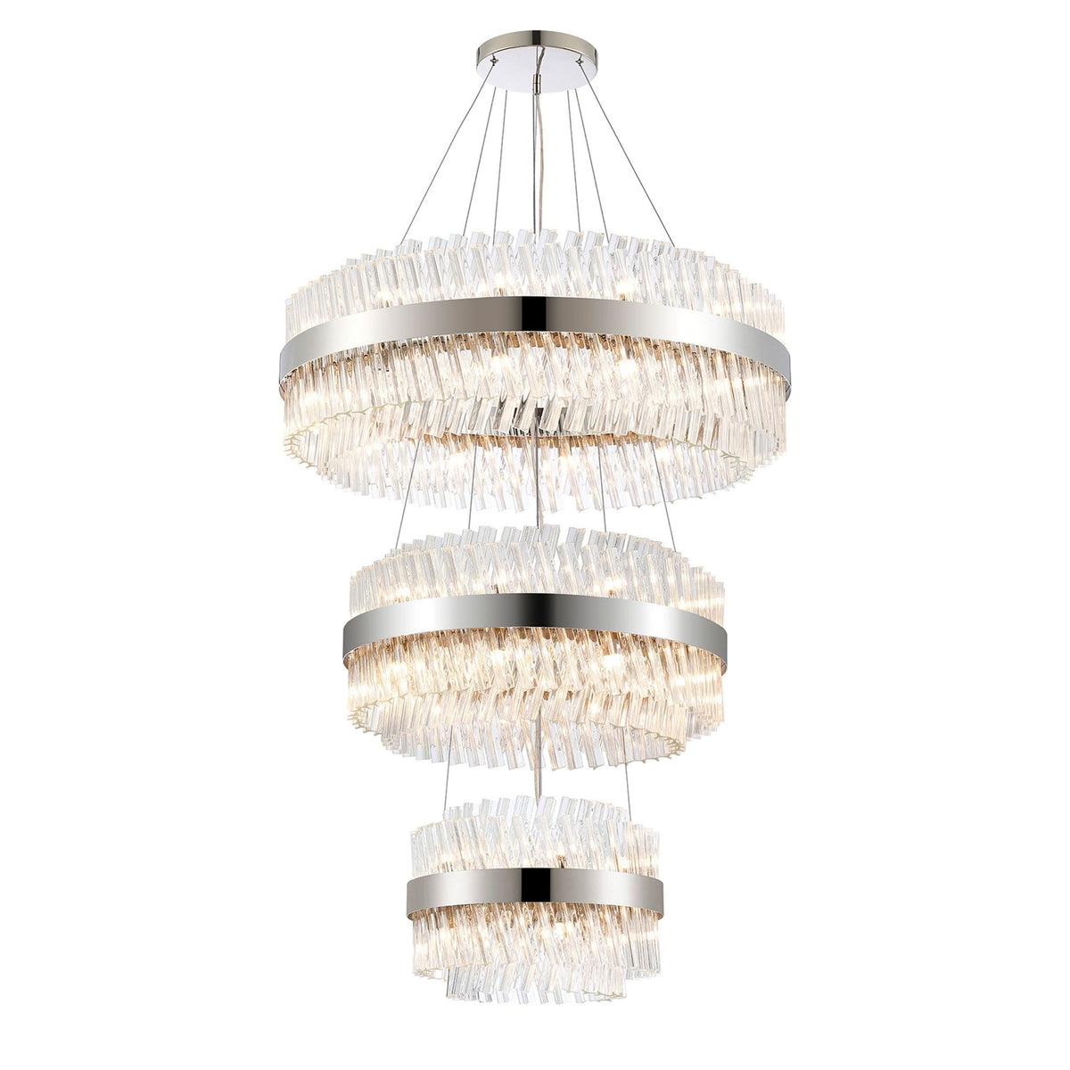 Kelly Three Tier Pendant 40cm, 60cm & 80cm Tiers in Polished Nickel & Clear Glass