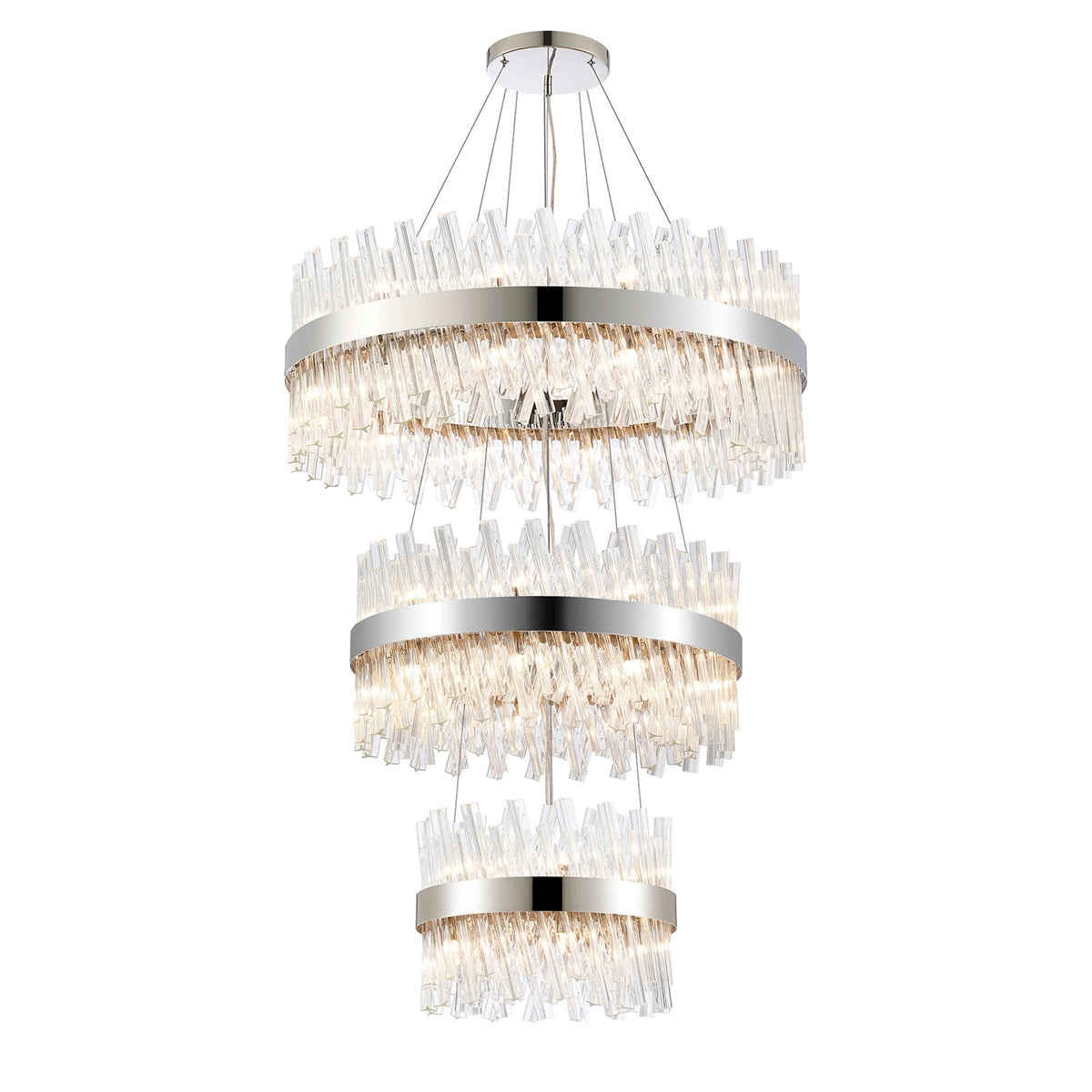 Kelly Three Tier Pendant 40cm, 60cm & 80cm Tiers in Polished Nickel & Clear Glass