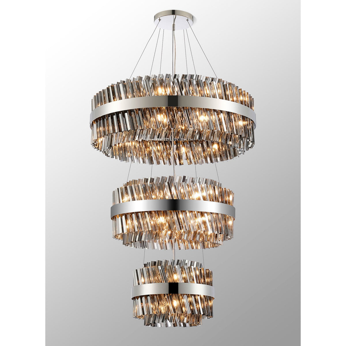 Kelly Three Tier Pendant 40cm, 60cm & 80cm Tiers in Polished Nickel & Smoke Glass