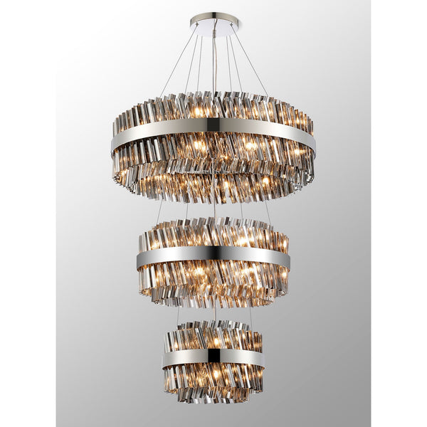 Kelly Three Tier Pendant 40cm, 60cm & 80cm Tiers in Polished Nickel & Smoke Glass