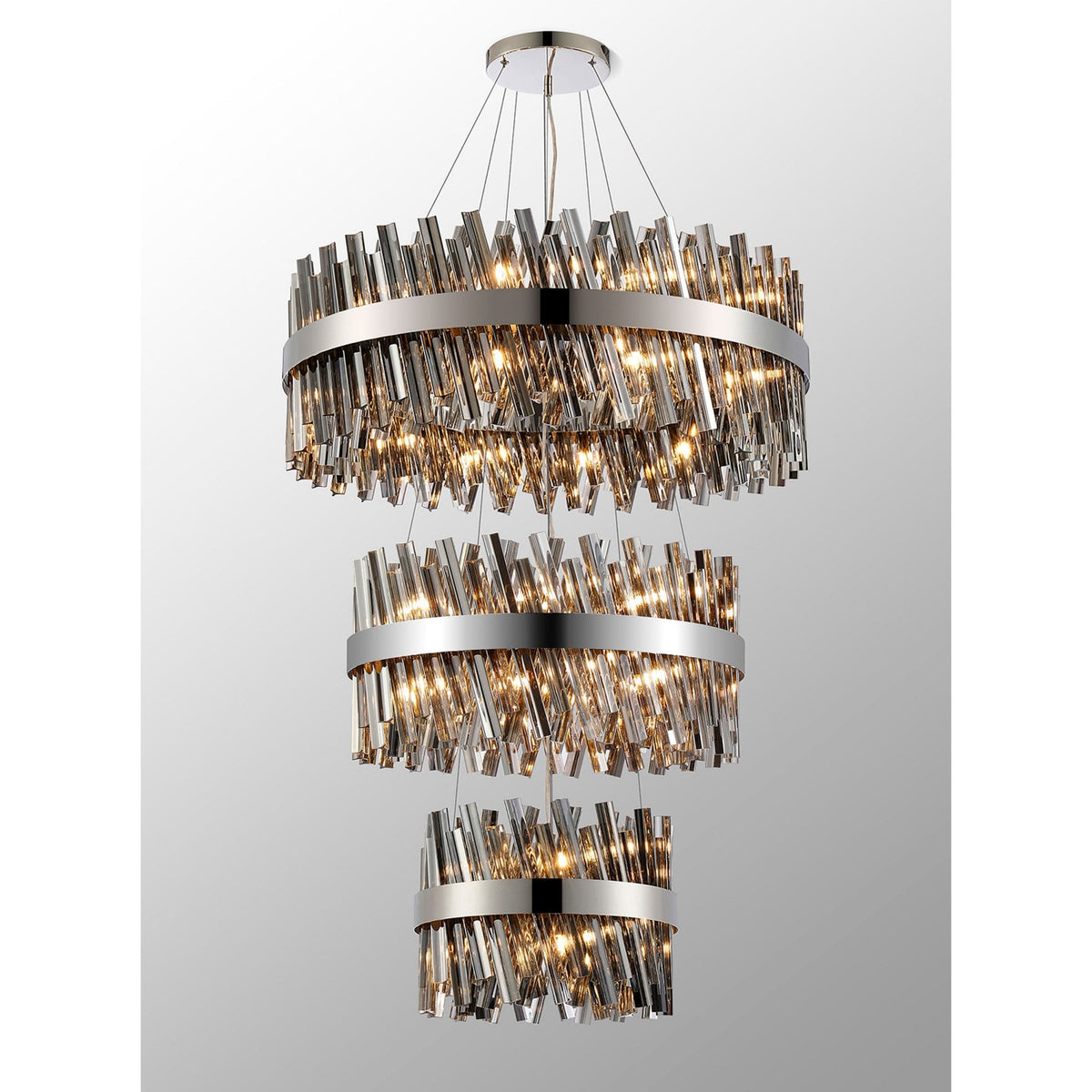 Kelly Three Tier Pendant 40cm, 60cm & 80cm Tiers in Polished Nickel & Smoke Glass