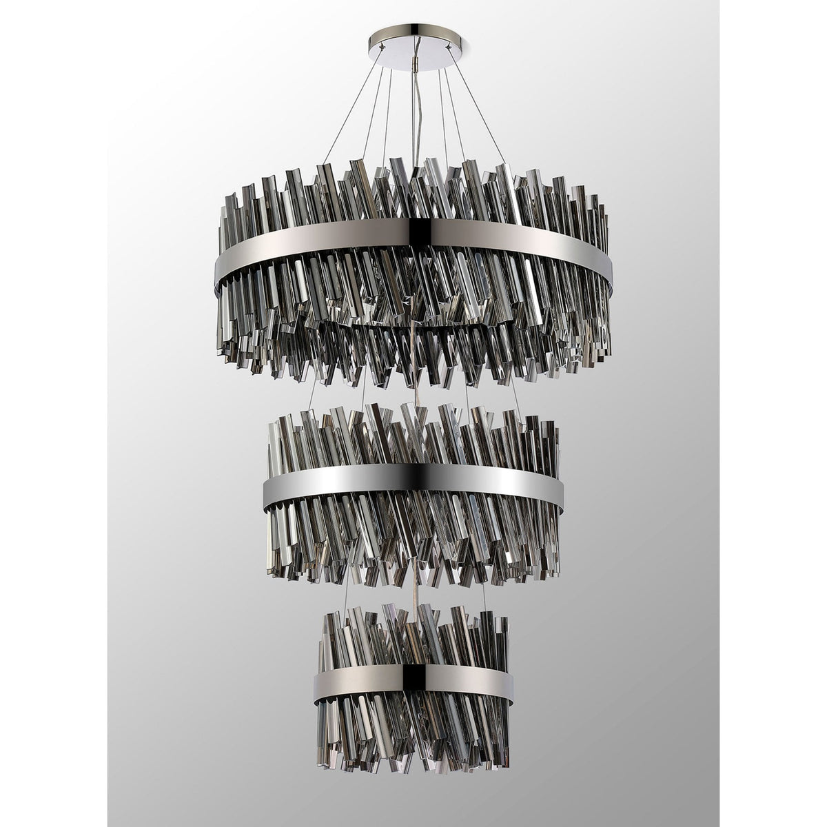 Kelly Three Tier Pendant 40cm, 60cm & 80cm Tiers in Polished Nickel & Smoke Glass
