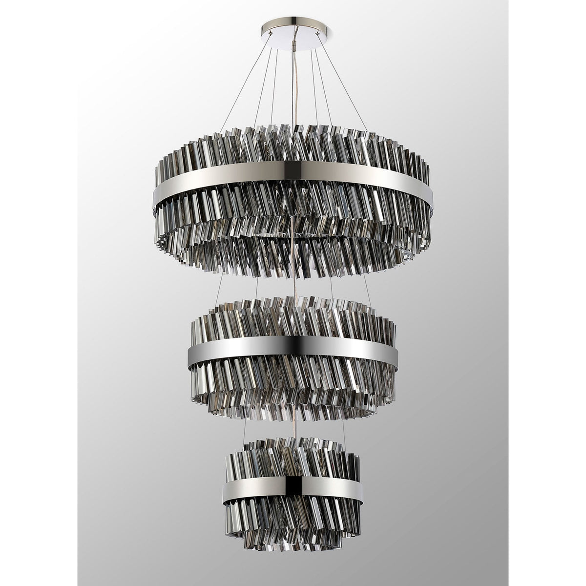 Kelly Three Tier Pendant 40cm, 60cm & 80cm Tiers in Polished Nickel & Smoke Glass