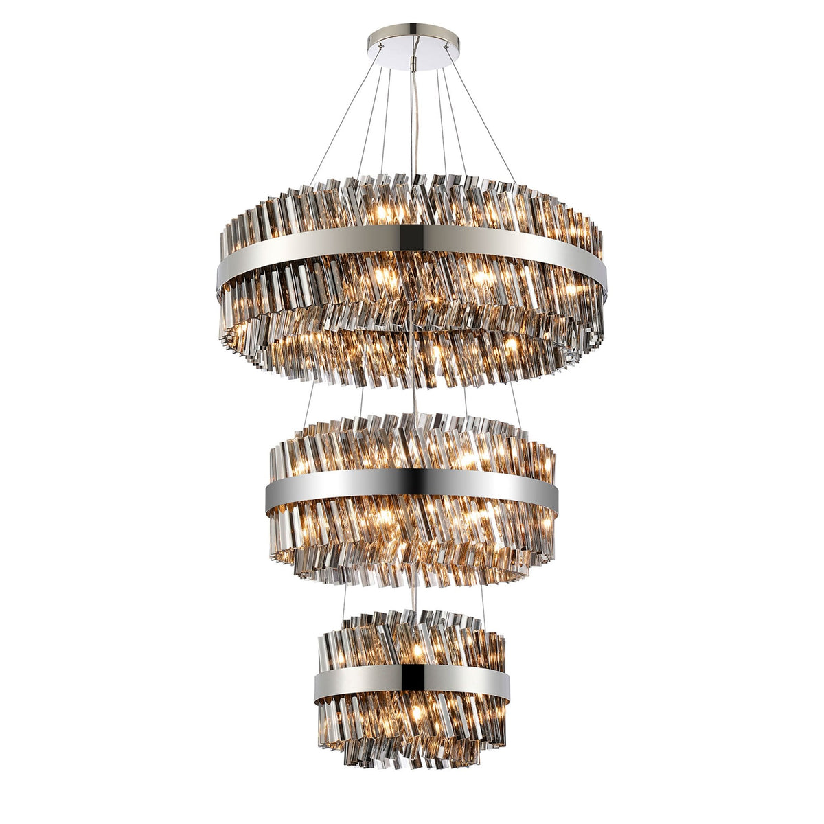 Kelly Three Tier Pendant 40cm, 60cm & 80cm Tiers in Polished Nickel & Smoke Glass