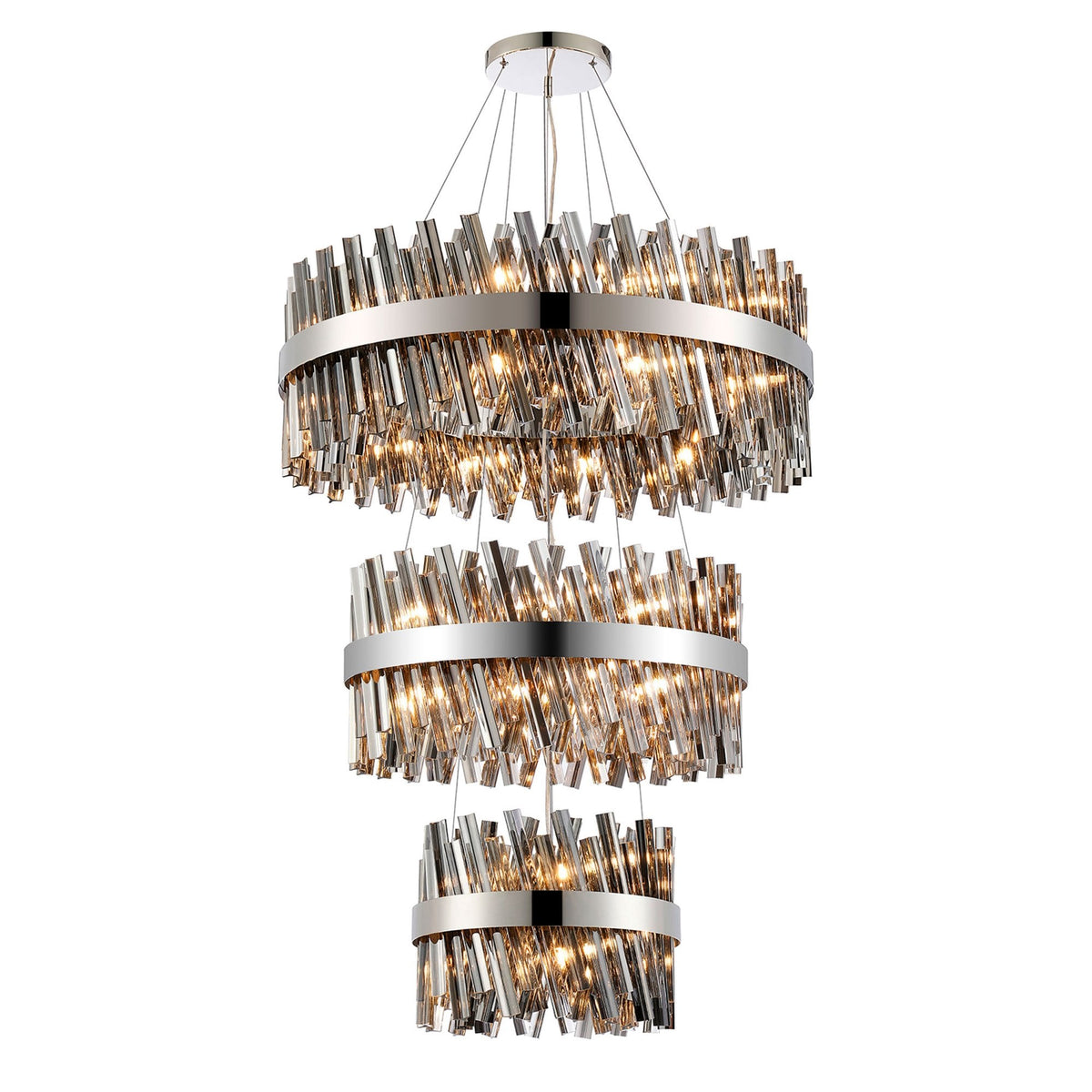 Kelly Three Tier Pendant 40cm, 60cm & 80cm Tiers in Polished Nickel & Smoke Glass