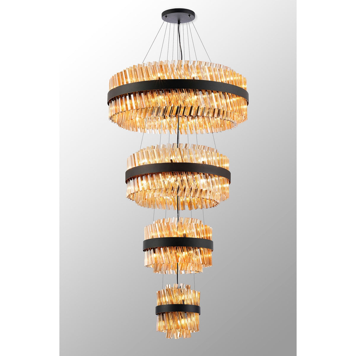 Kelly Four Tier Pendant 25cm, 40cm, 60cm & 80cm Tiers in Satin Black & Amber Glass