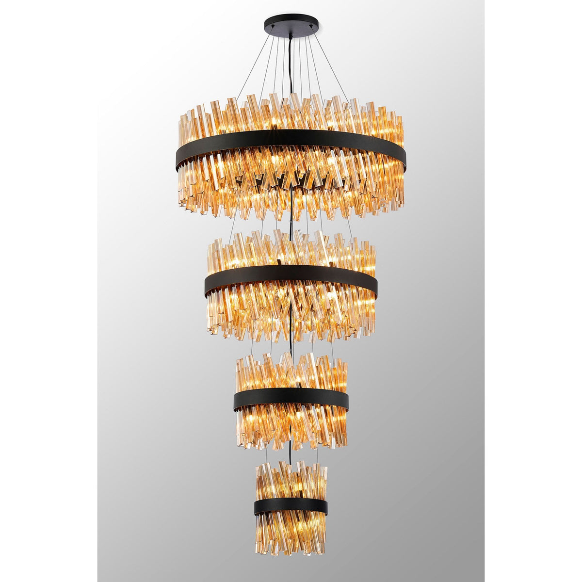 Kelly Four Tier Pendant 25cm, 40cm, 60cm & 80cm Tiers in Satin Black & Amber Glass
