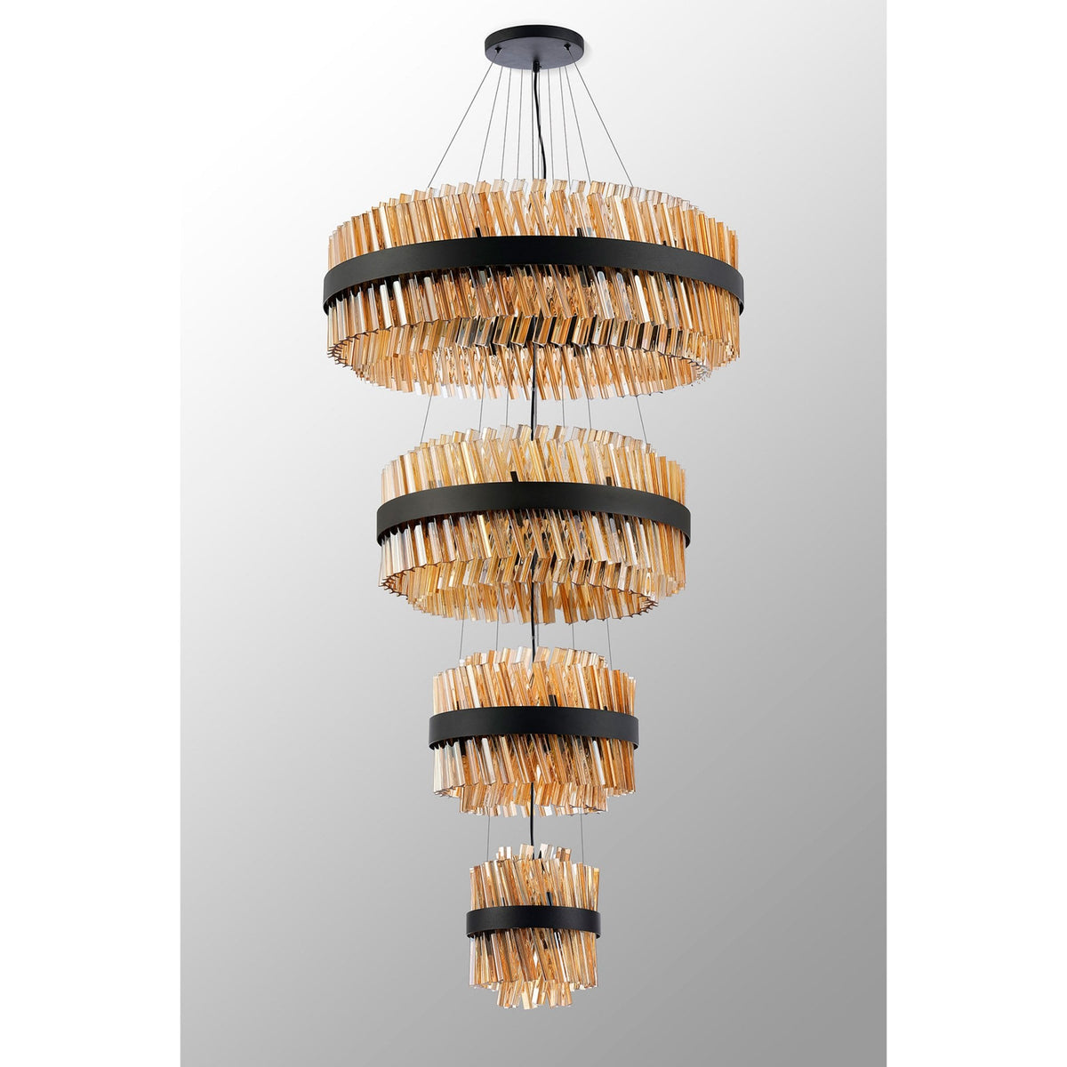 Kelly Four Tier Pendant 25cm, 40cm, 60cm & 80cm Tiers in Satin Black & Amber Glass