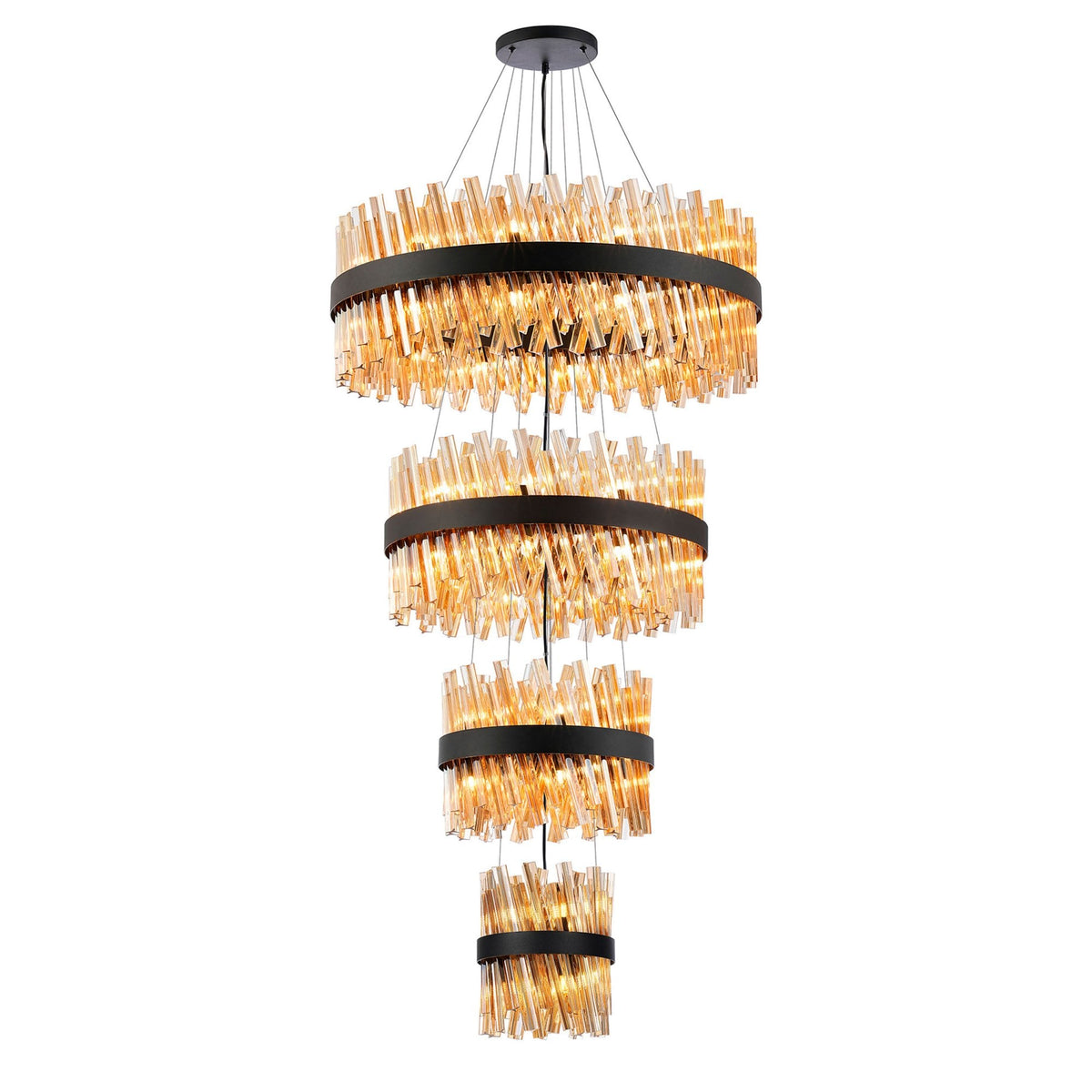 Kelly Four Tier Pendant 25cm, 40cm, 60cm & 80cm Tiers in Satin Black & Amber Glass