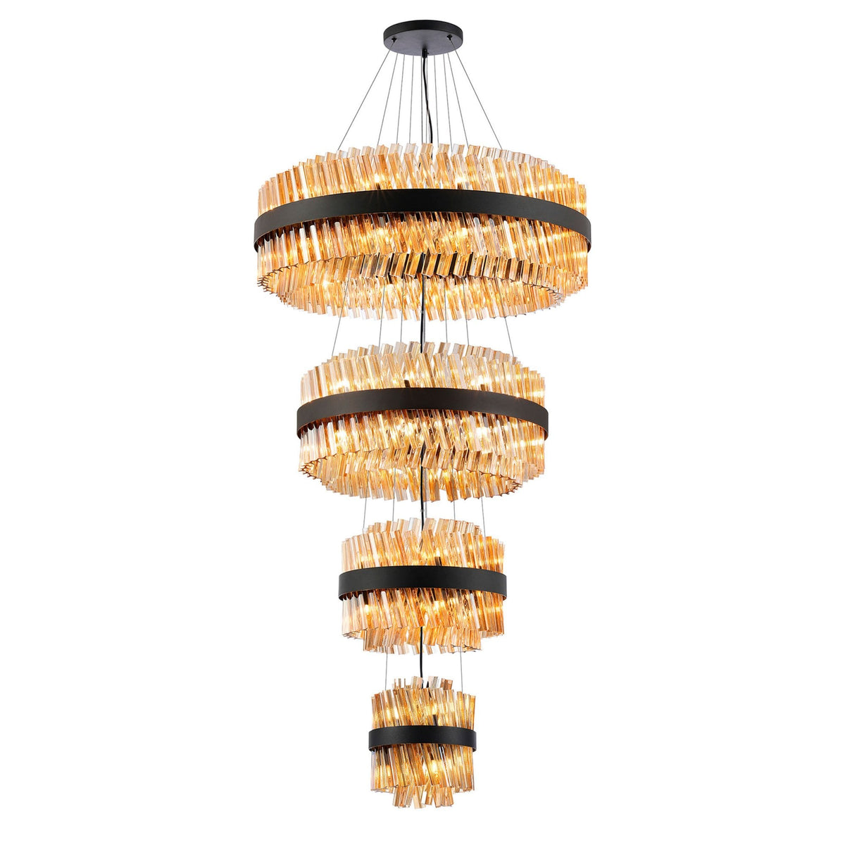 Kelly Four Tier Pendant 25cm, 40cm, 60cm & 80cm Tiers in Satin Black & Amber Glass