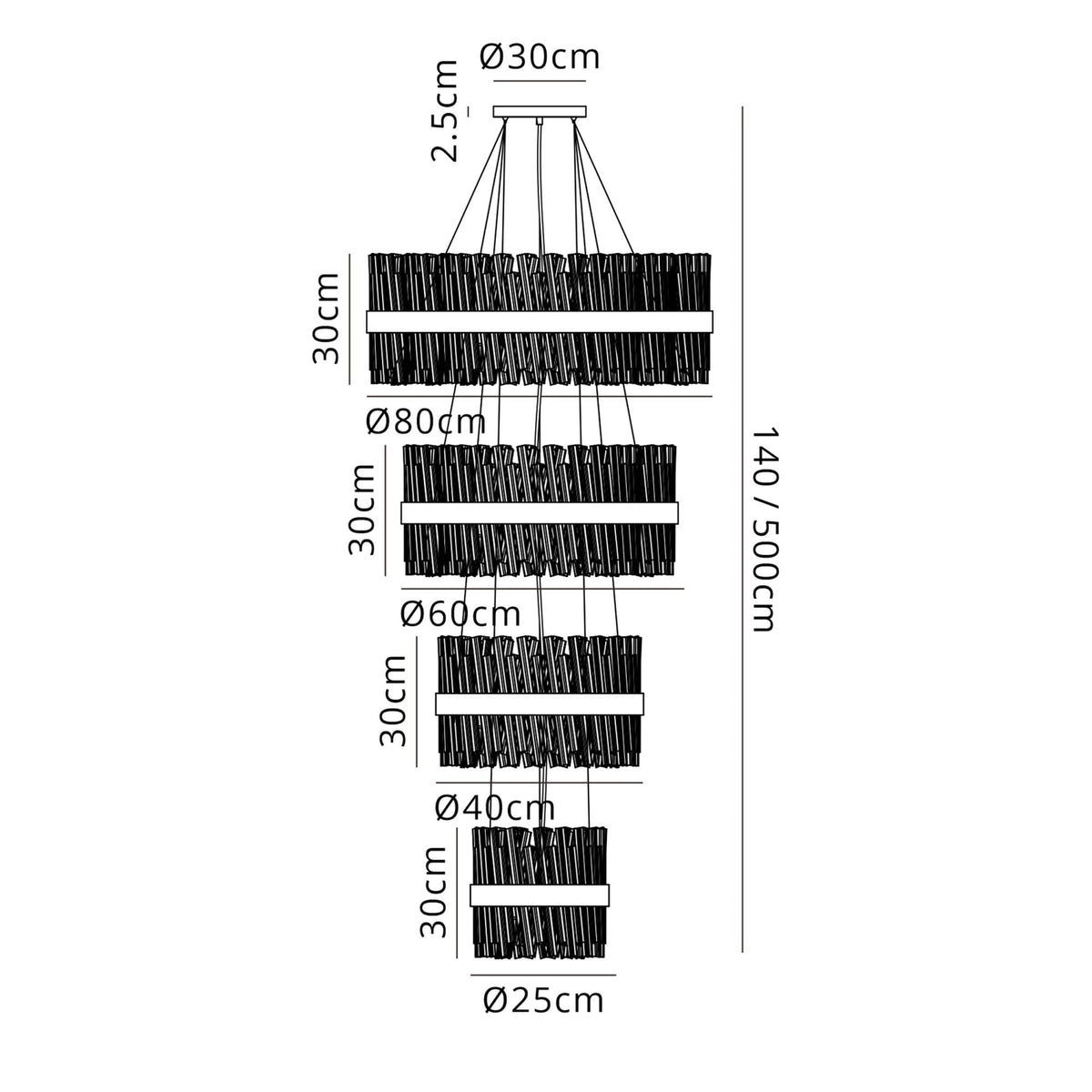 Kelly Four Tier Pendant 25cm, 40cm, 60cm & 80cm Tiers in Satin Black & Clear Glass