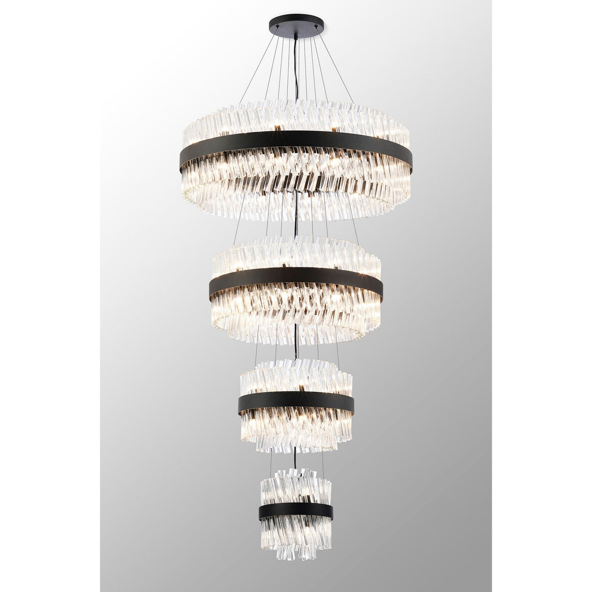 Kelly Four Tier Pendant 25cm, 40cm, 60cm & 80cm Tiers in Satin Black & Clear Glass