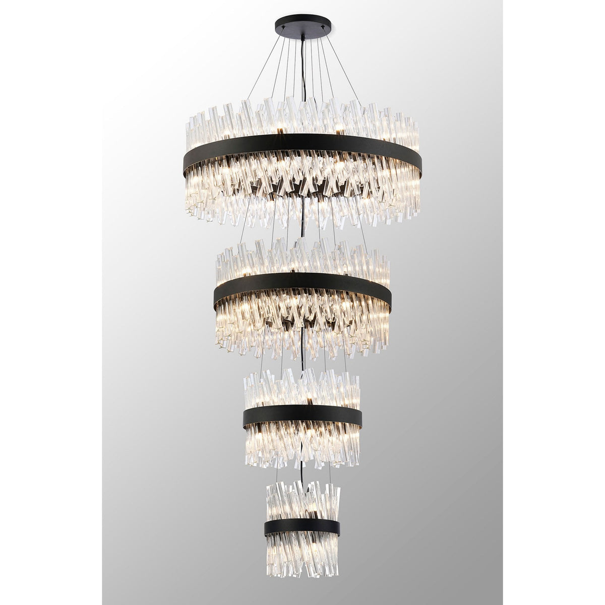 Kelly Four Tier Pendant 25cm, 40cm, 60cm & 80cm Tiers in Satin Black & Clear Glass
