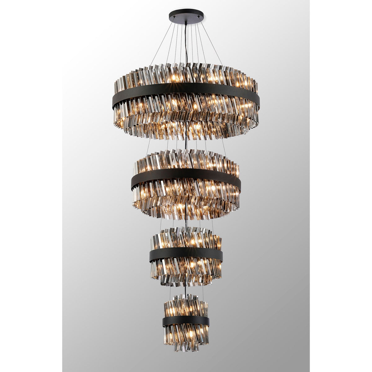Kelly Four Tier Pendant 25cm, 40cm, 60cm & 80cm Tiers in Satin Black & Smoke Glass