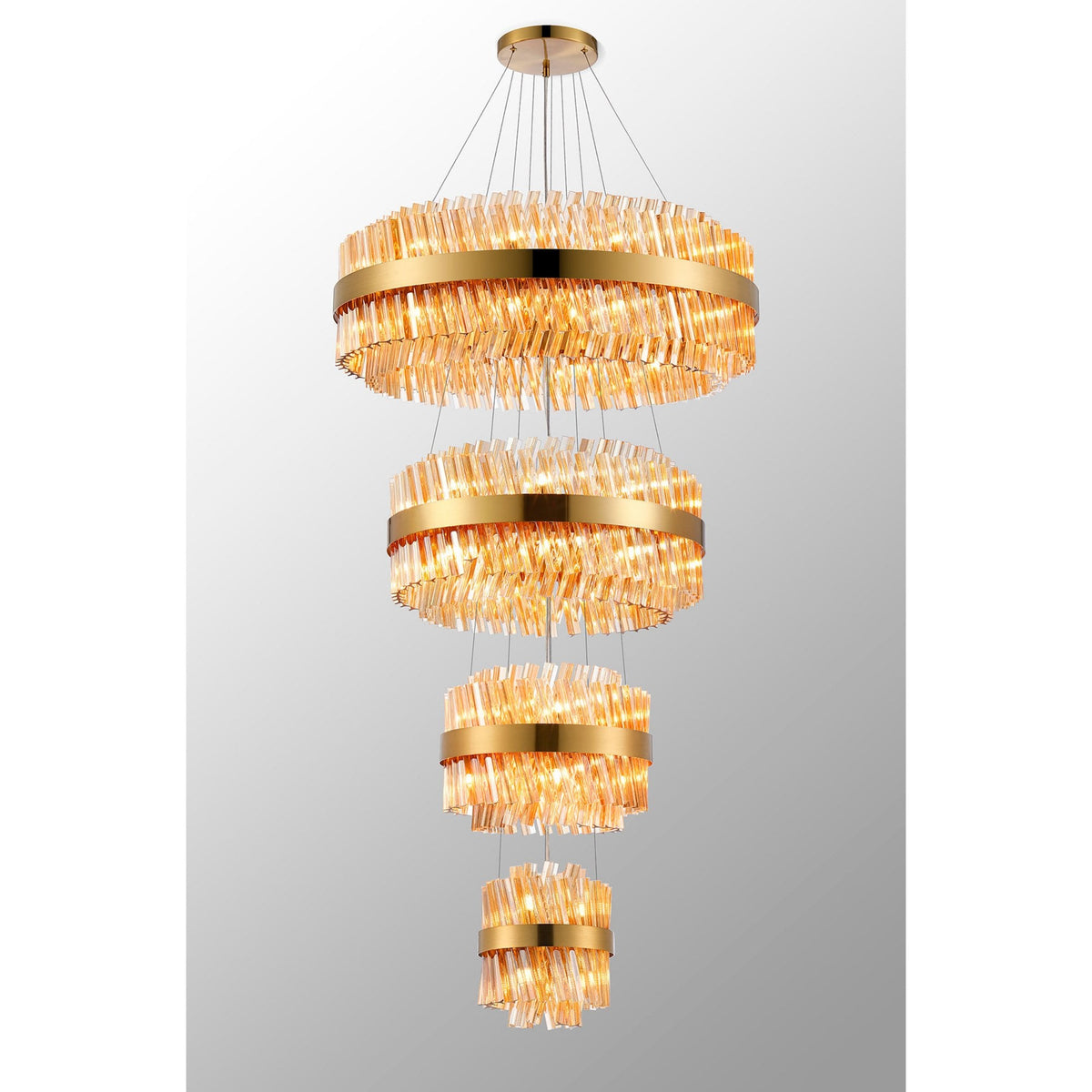 Kelly Four Tier Pendant 25cm, 40cm, 60cm & 80cm Tiers in Brass & Amber Glass