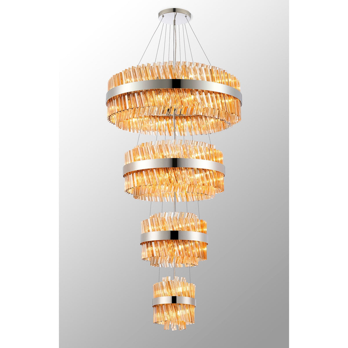 Kelly Four Tier Pendant 25cm, 40cm, 60cm & 80cm Tiers in Polished Nickel & Amber Glass