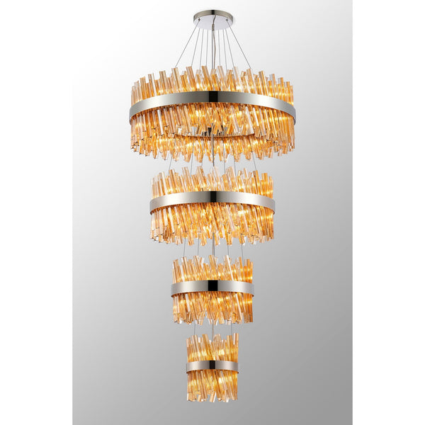Kelly Four Tier Pendant 25cm, 40cm, 60cm & 80cm Tiers in Polished Nickel & Amber Glass