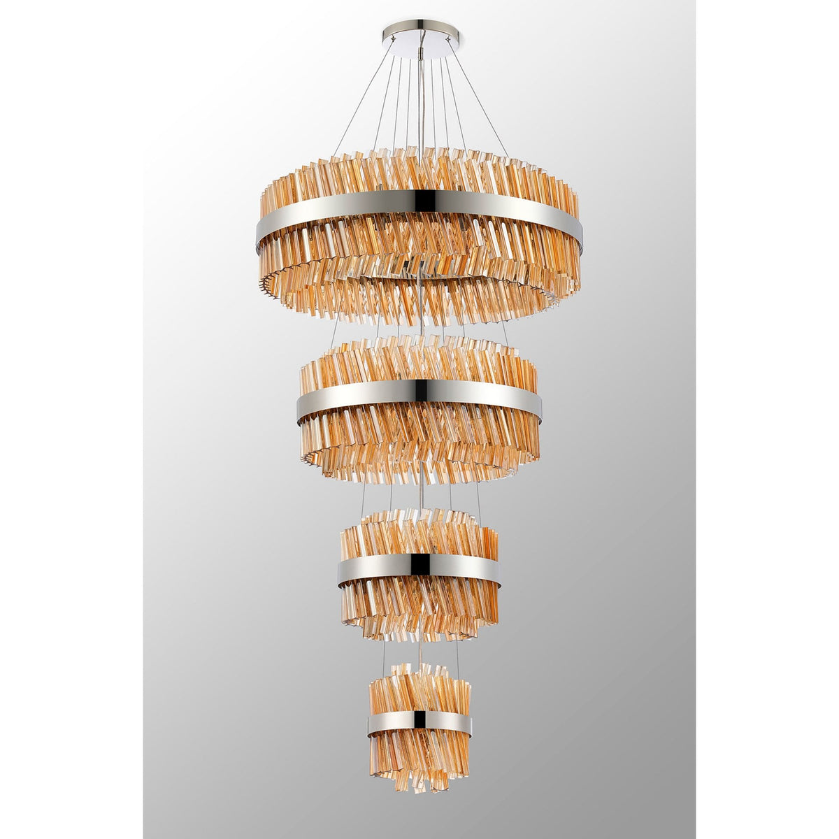 Kelly Four Tier Pendant 25cm, 40cm, 60cm & 80cm Tiers in Polished Nickel & Amber Glass