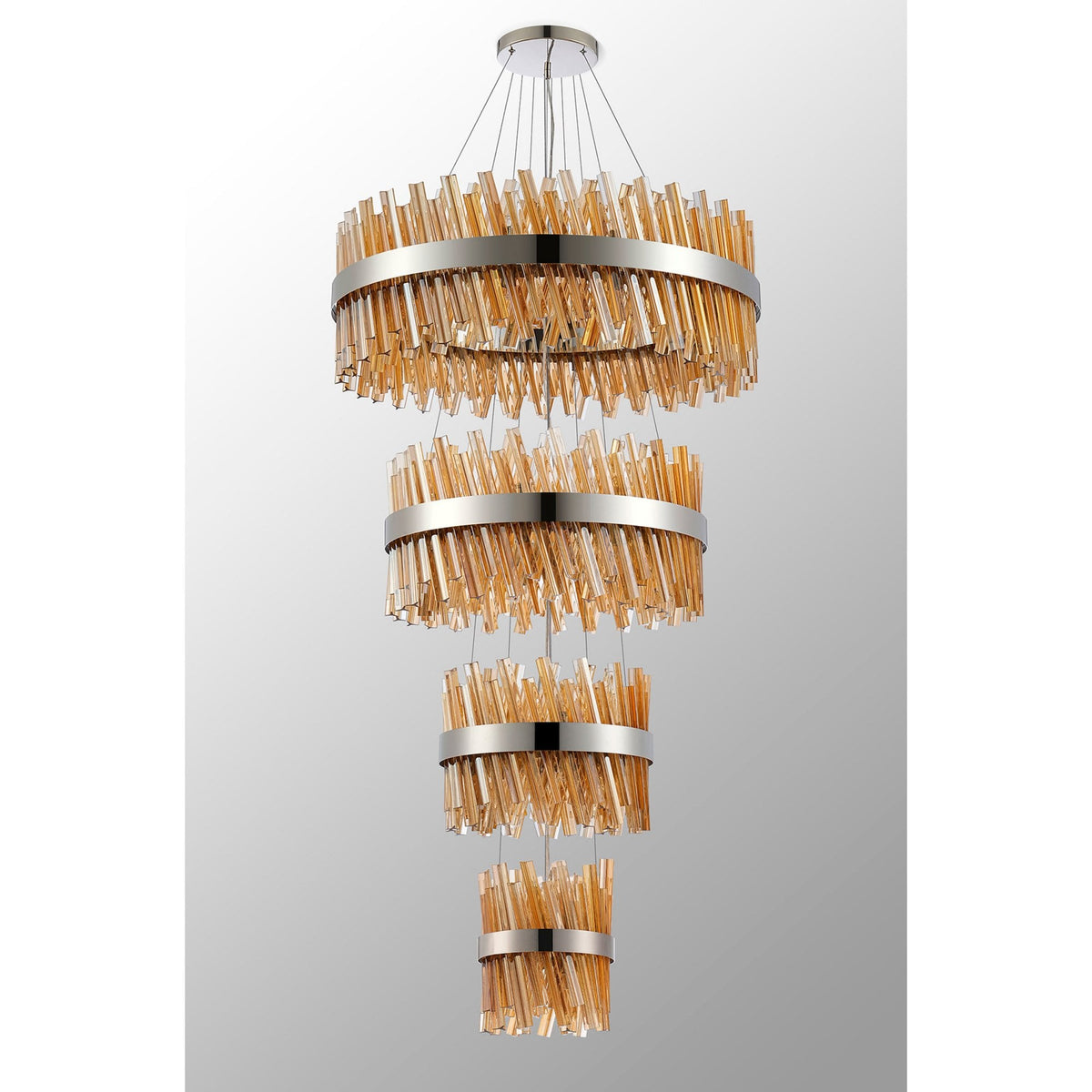 Kelly Four Tier Pendant 25cm, 40cm, 60cm & 80cm Tiers in Polished Nickel & Amber Glass