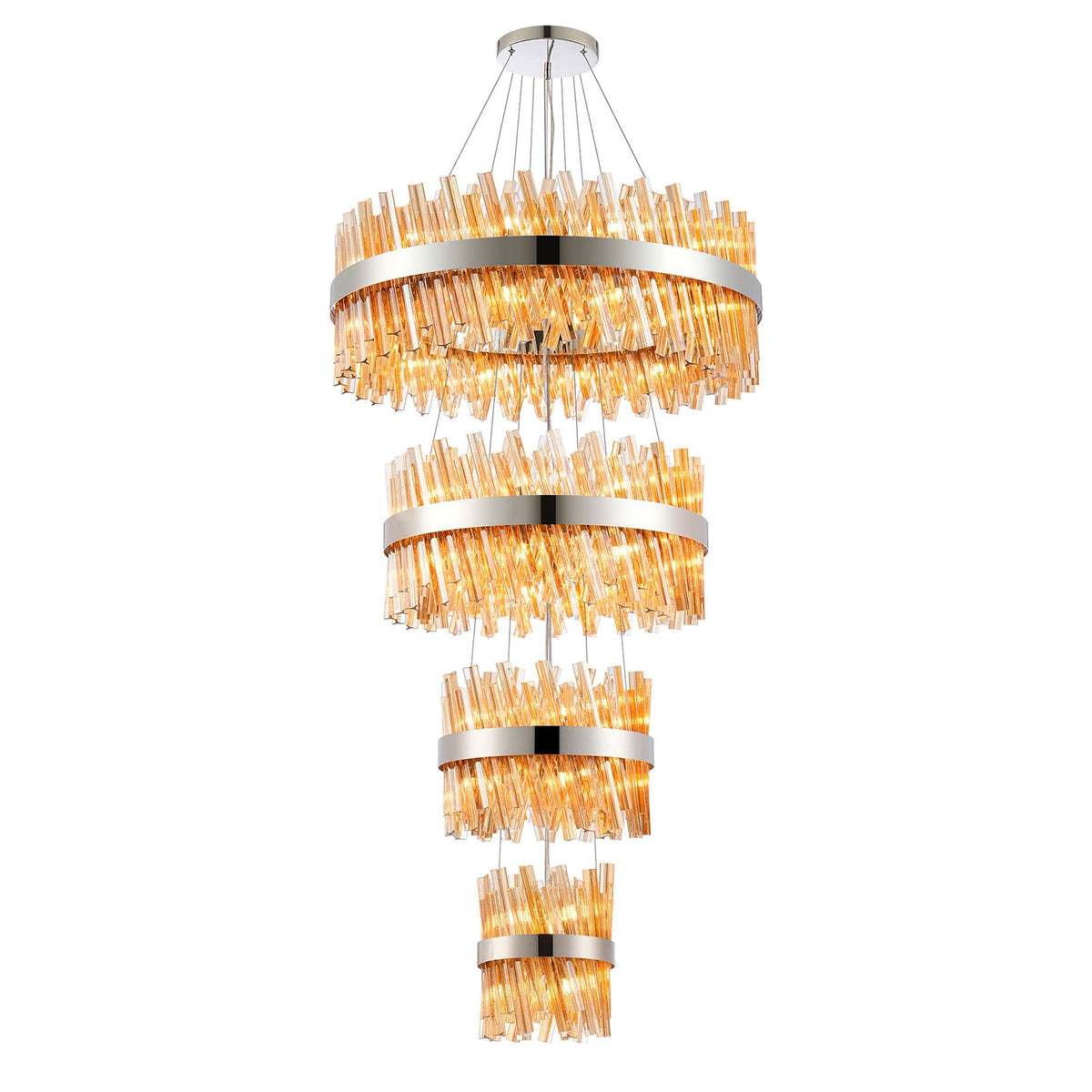 Kelly Four Tier Pendant 25cm, 40cm, 60cm & 80cm Tiers in Polished Nickel & Amber Glass