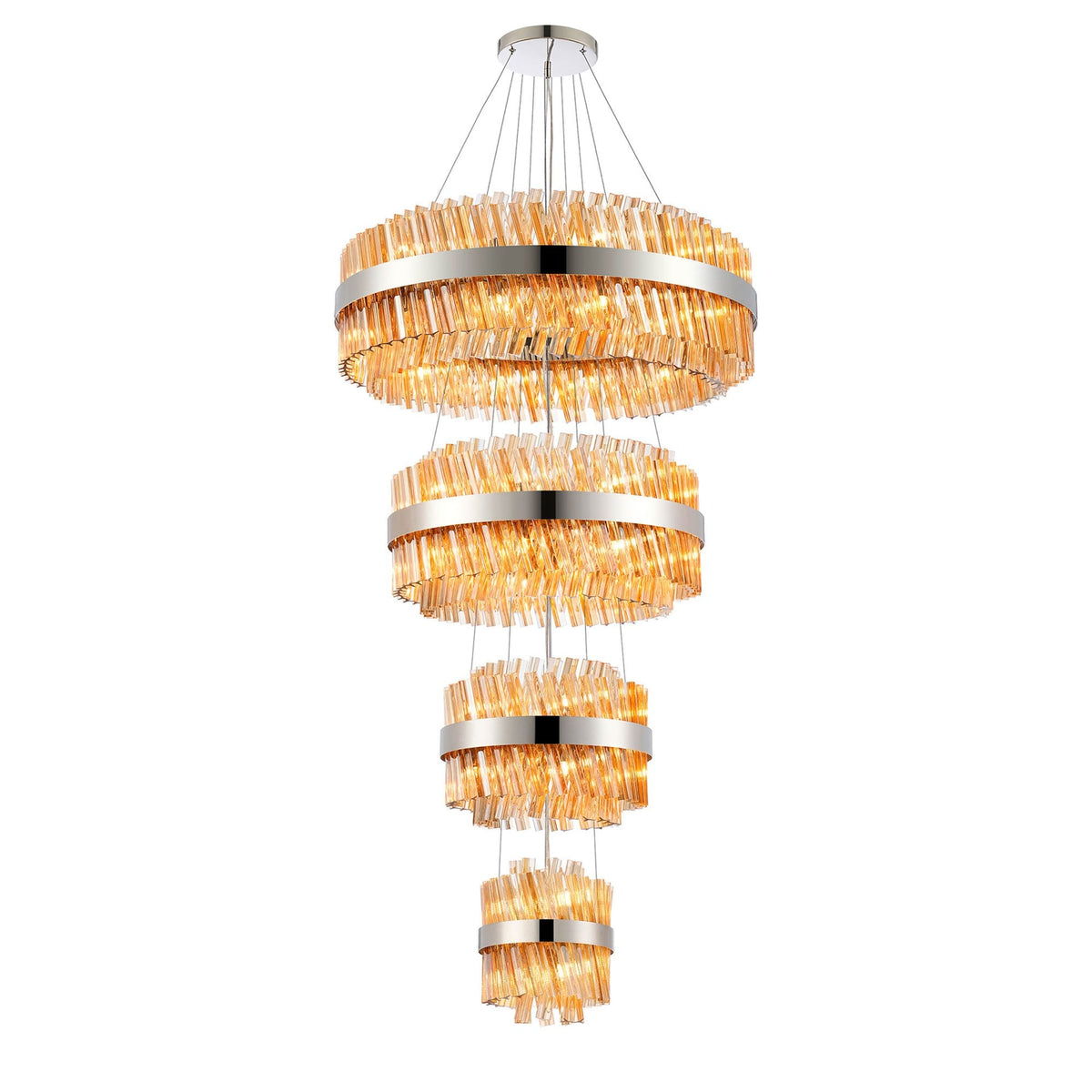 Kelly Four Tier Pendant 25cm, 40cm, 60cm & 80cm Tiers in Polished Nickel & Amber Glass