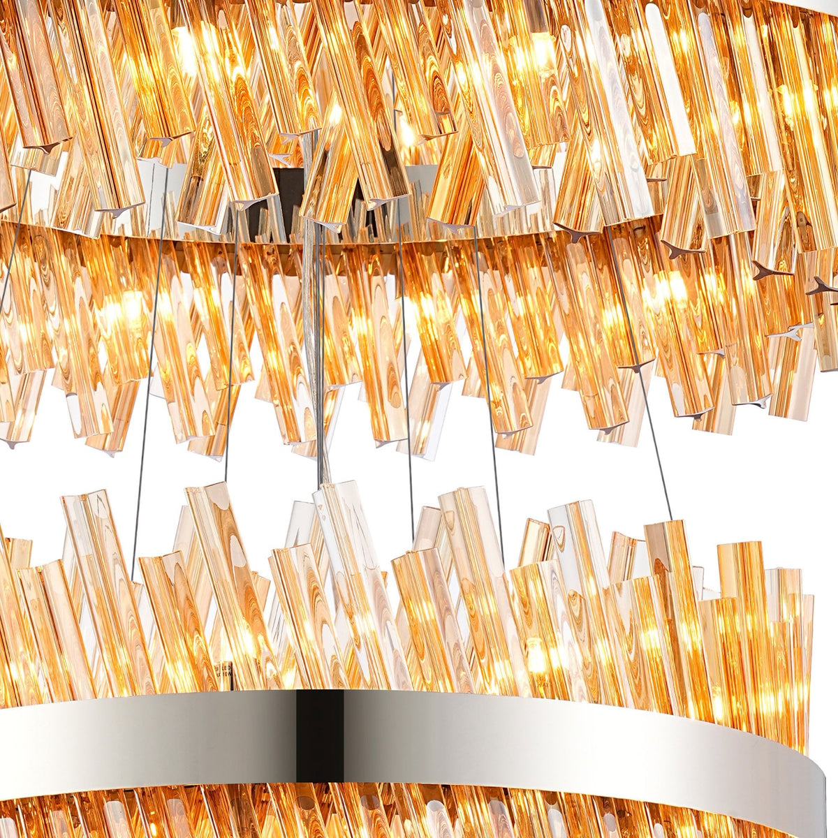 Kelly Four Tier Pendant 25cm, 40cm, 60cm & 80cm Tiers in Polished Nickel & Amber Glass
