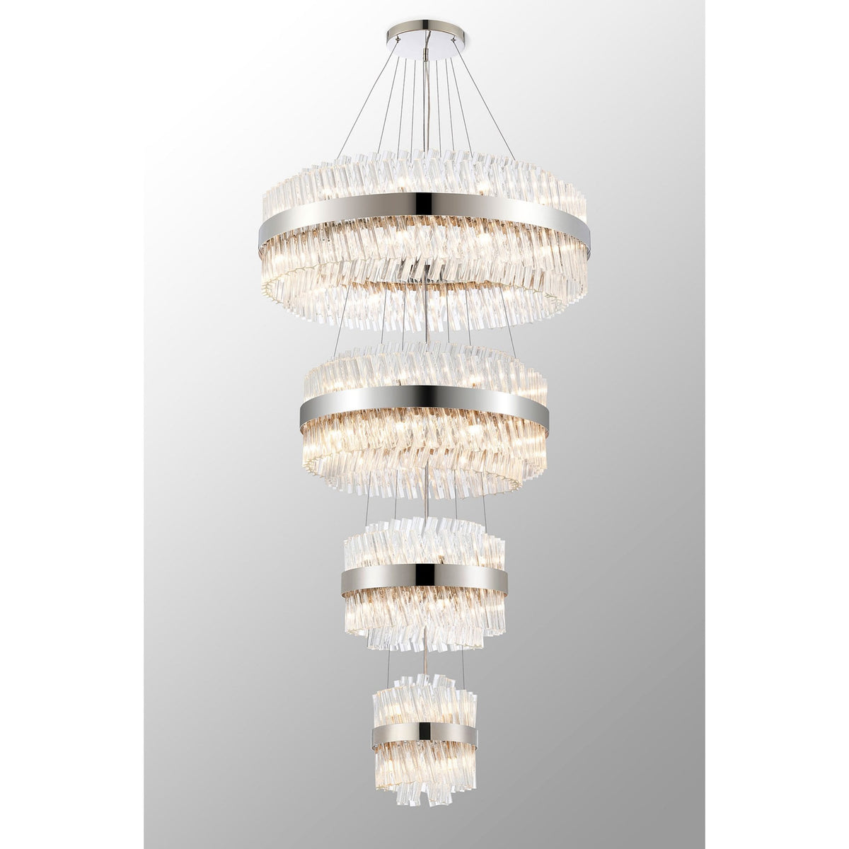 Kelly Four Tier Pendant 25cm, 40cm, 60cm & 80cm Tiers in Polished Nickel & Clear Glass