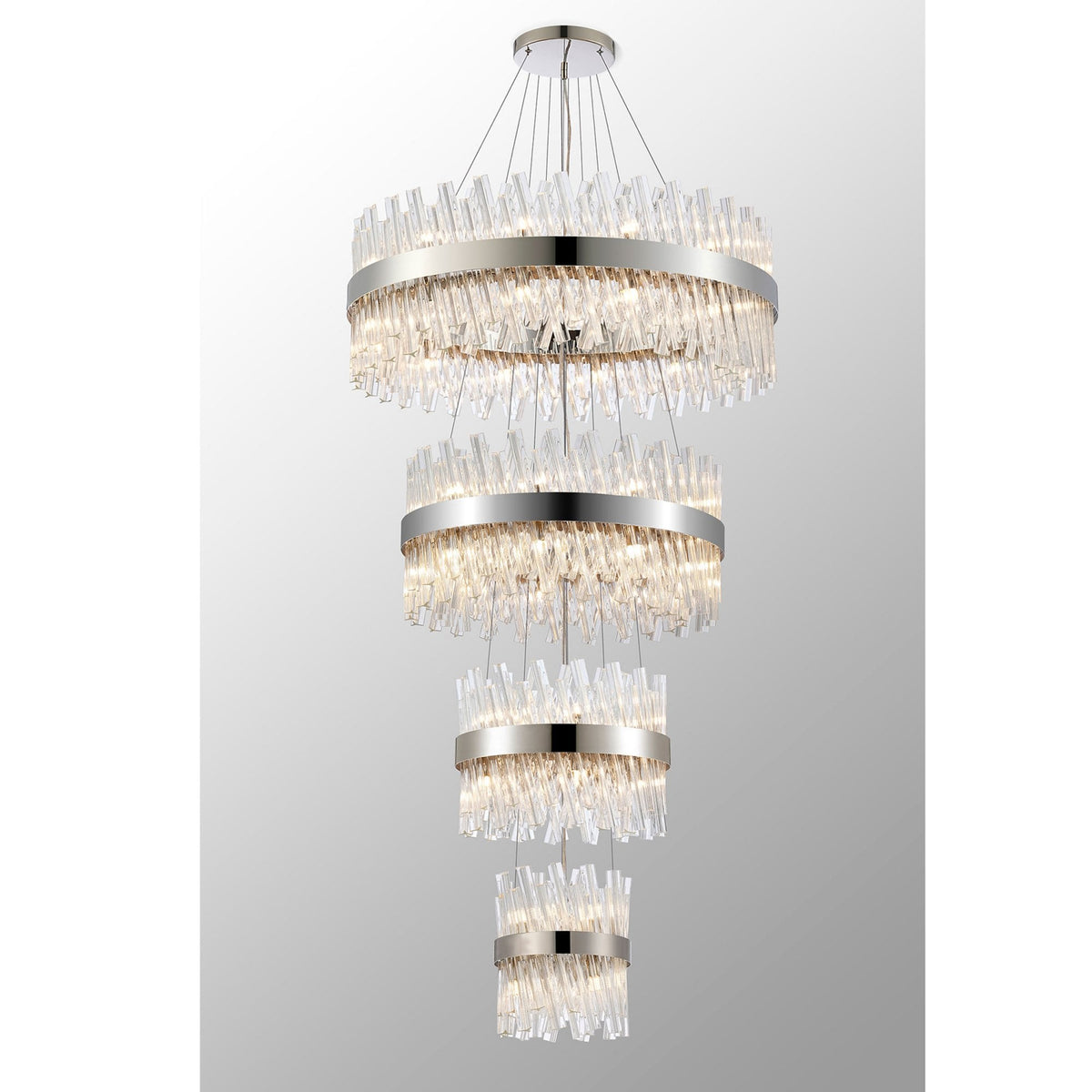Kelly Four Tier Pendant 25cm, 40cm, 60cm & 80cm Tiers in Polished Nickel & Clear Glass