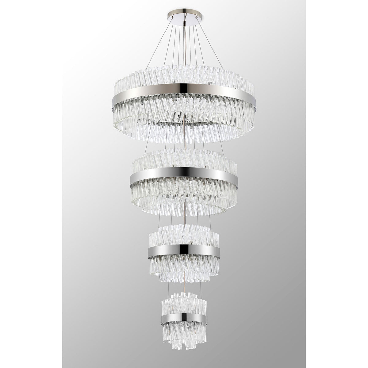 Kelly Four Tier Pendant 25cm, 40cm, 60cm & 80cm Tiers in Polished Nickel & Clear Glass