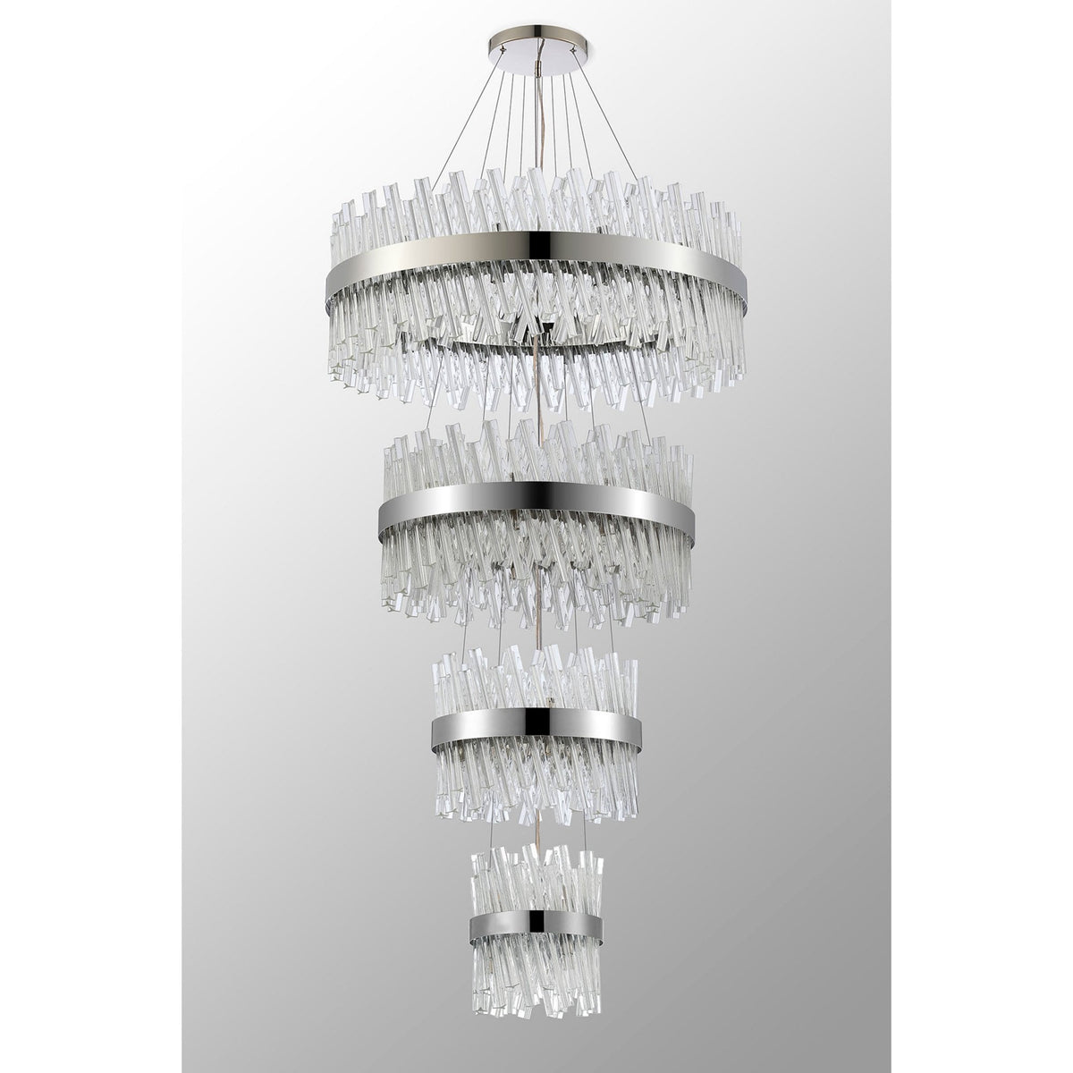 Kelly Four Tier Pendant 25cm, 40cm, 60cm & 80cm Tiers in Polished Nickel & Clear Glass