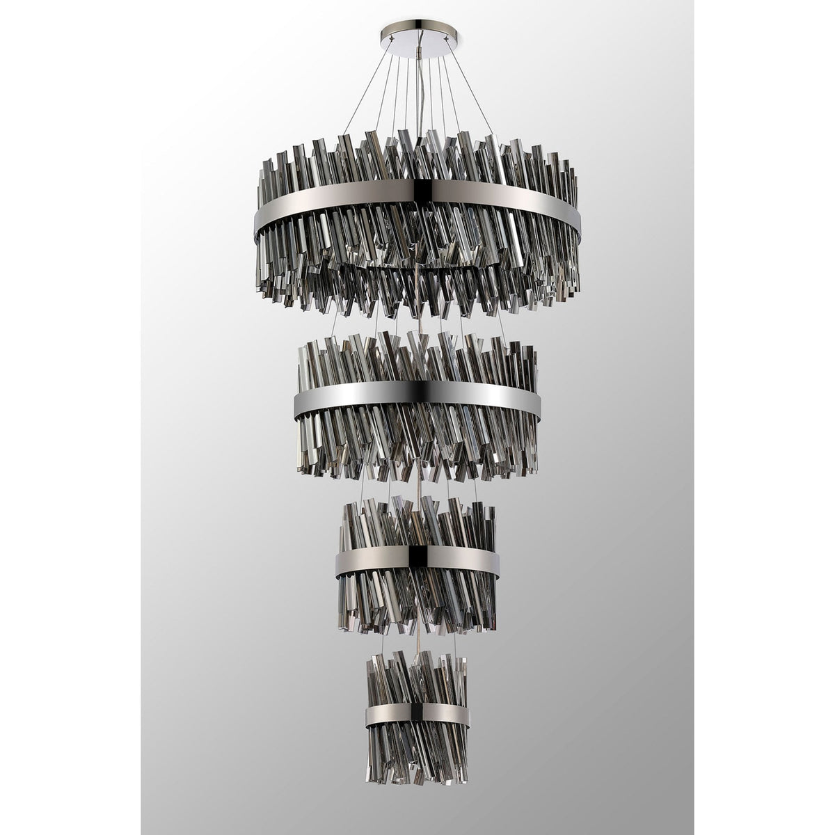 Kelly Four Tier Pendant 25cm, 40cm, 60cm & 80cm Tiers in Polished Nickel & Smoke Glass