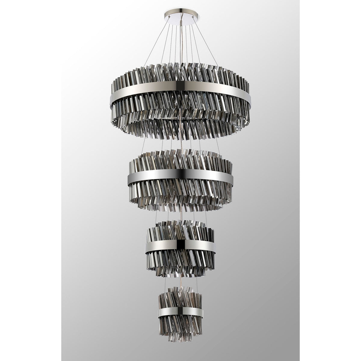Kelly Four Tier Pendant 25cm, 40cm, 60cm & 80cm Tiers in Polished Nickel & Smoke Glass