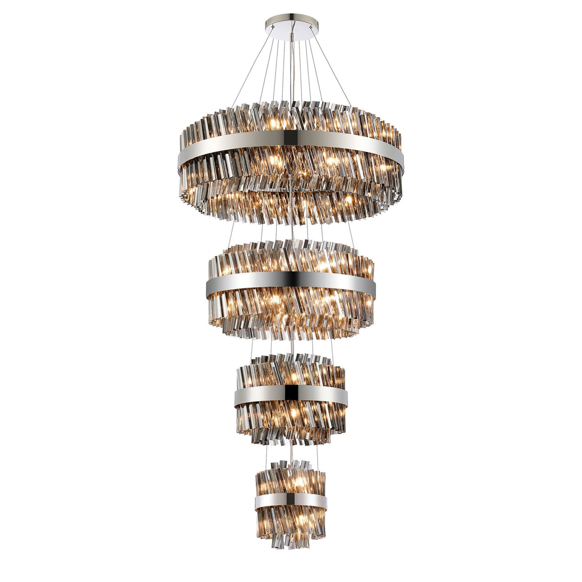 Kelly Four Tier Pendant 25cm, 40cm, 60cm & 80cm Tiers in Polished Nickel & Smoke Glass