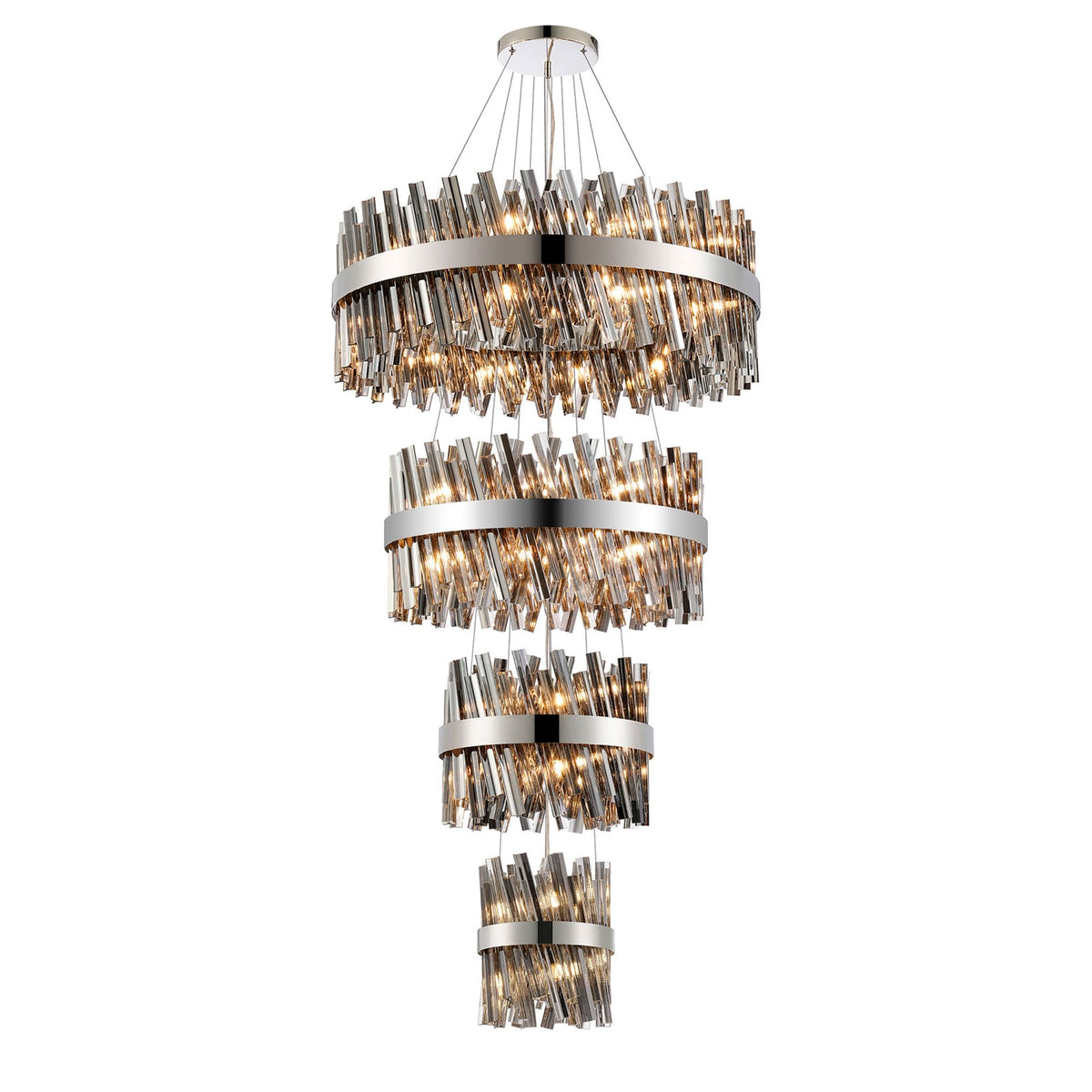 Kelly Four Tier Pendant 25cm, 40cm, 60cm & 80cm Tiers in Polished Nickel & Smoke Glass