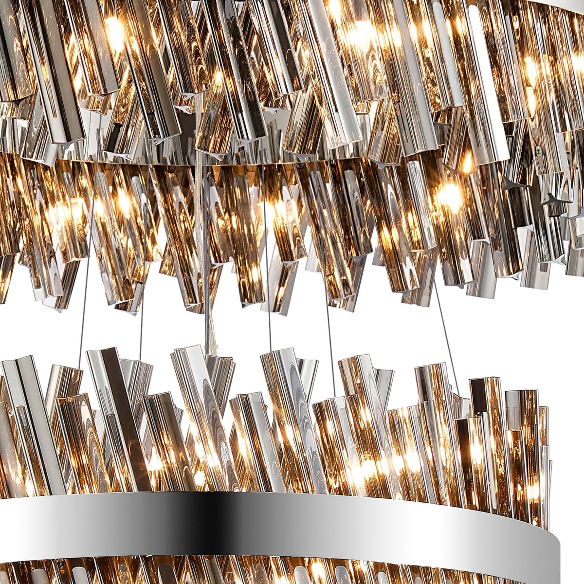 Kelly Four Tier Pendant 25cm, 40cm, 60cm & 80cm Tiers in Polished Nickel & Smoke Glass