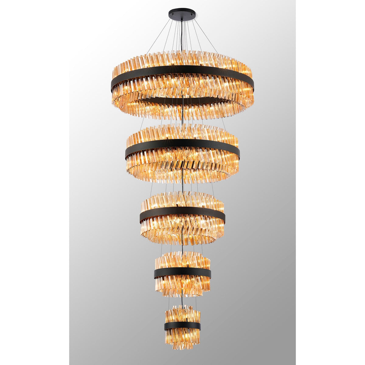 Kelly Five Tier Pendant 25cm, 40cm, 60cm, 80cm & 1m Tiers in Satin Black & Amber Glass