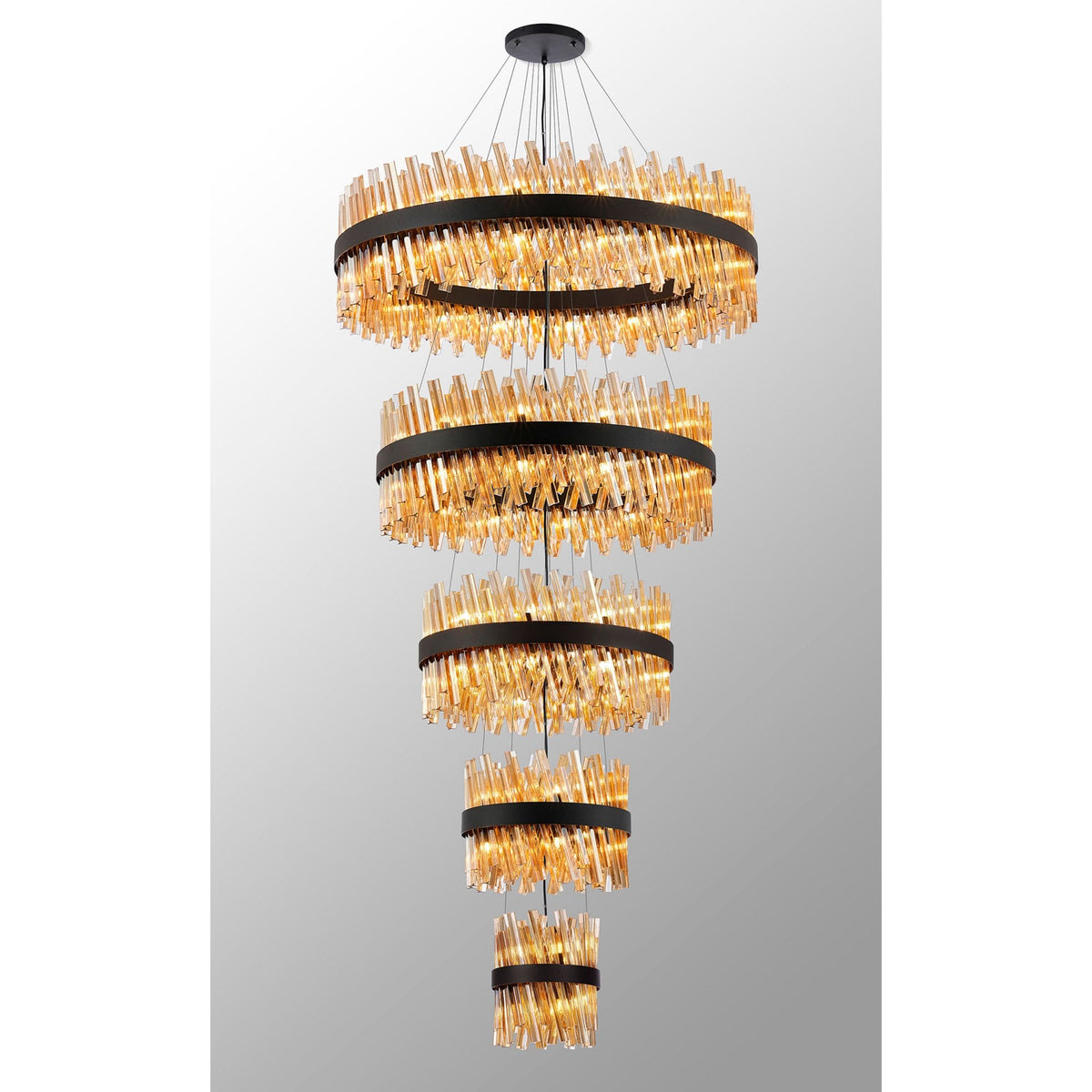 Kelly Five Tier Pendant 25cm, 40cm, 60cm, 80cm & 1m Tiers in Satin Black & Amber Glass