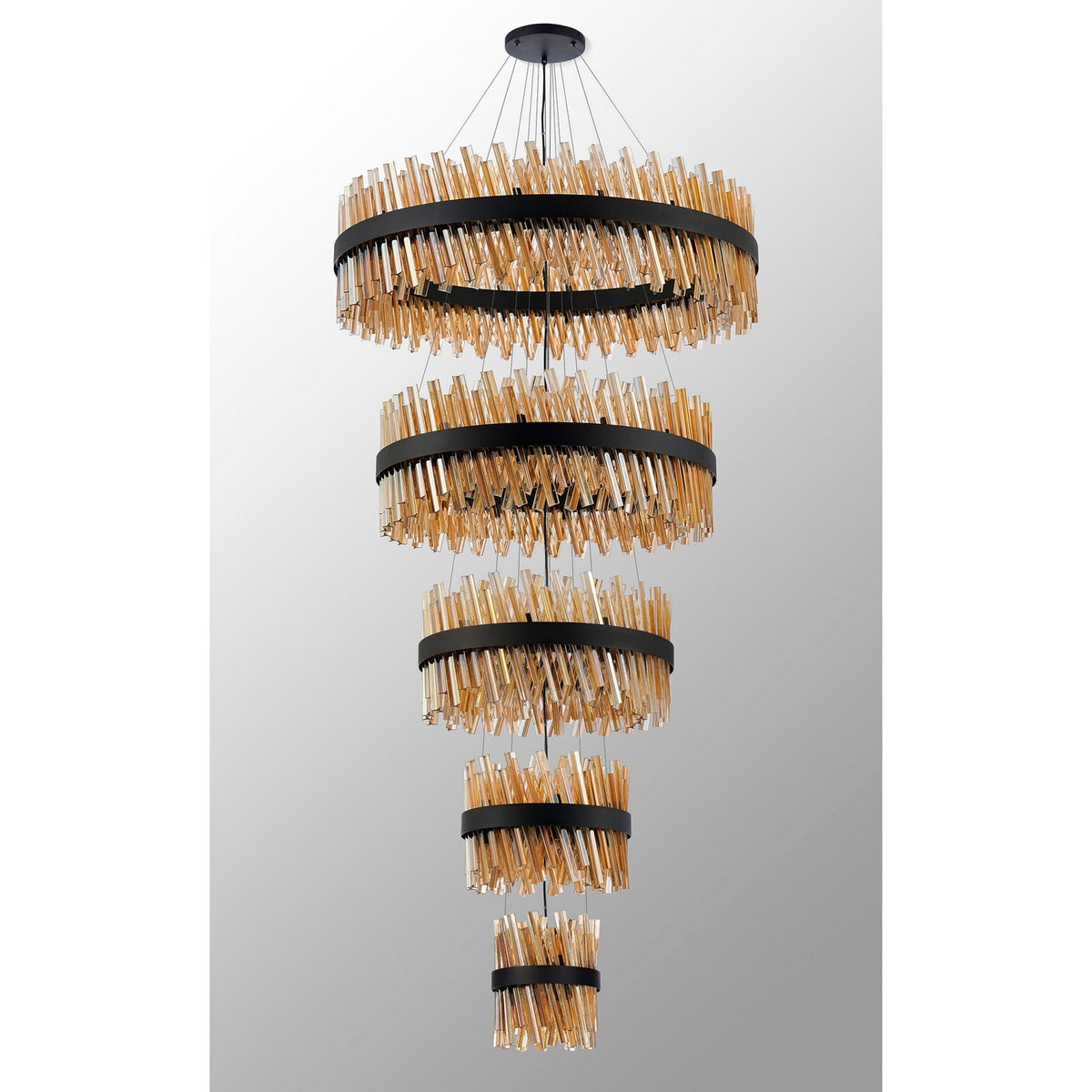 Kelly Five Tier Pendant 25cm, 40cm, 60cm, 80cm & 1m Tiers in Satin Black & Amber Glass