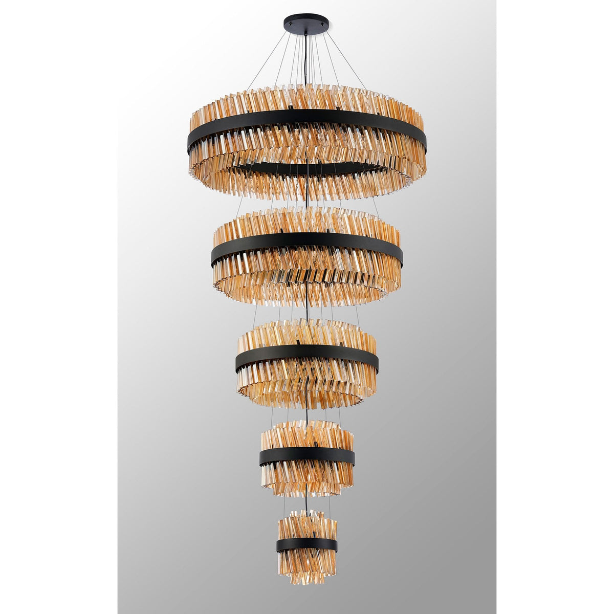 Kelly Five Tier Pendant 25cm, 40cm, 60cm, 80cm & 1m Tiers in Satin Black & Amber Glass