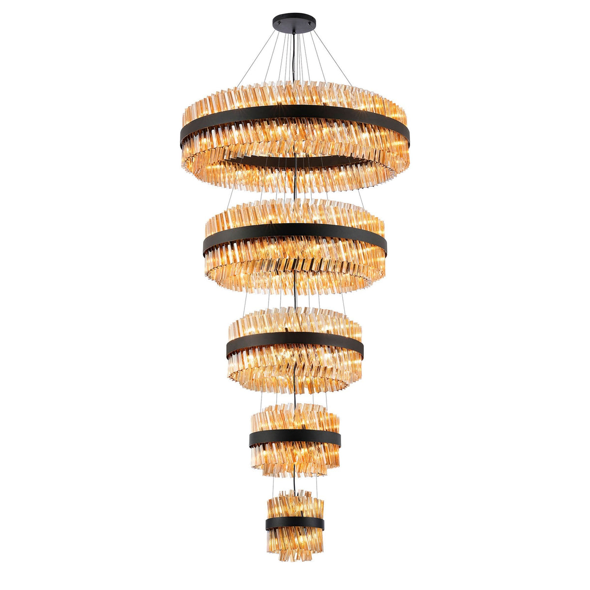 Kelly Five Tier Pendant 25cm, 40cm, 60cm, 80cm & 1m Tiers in Satin Black & Amber Glass