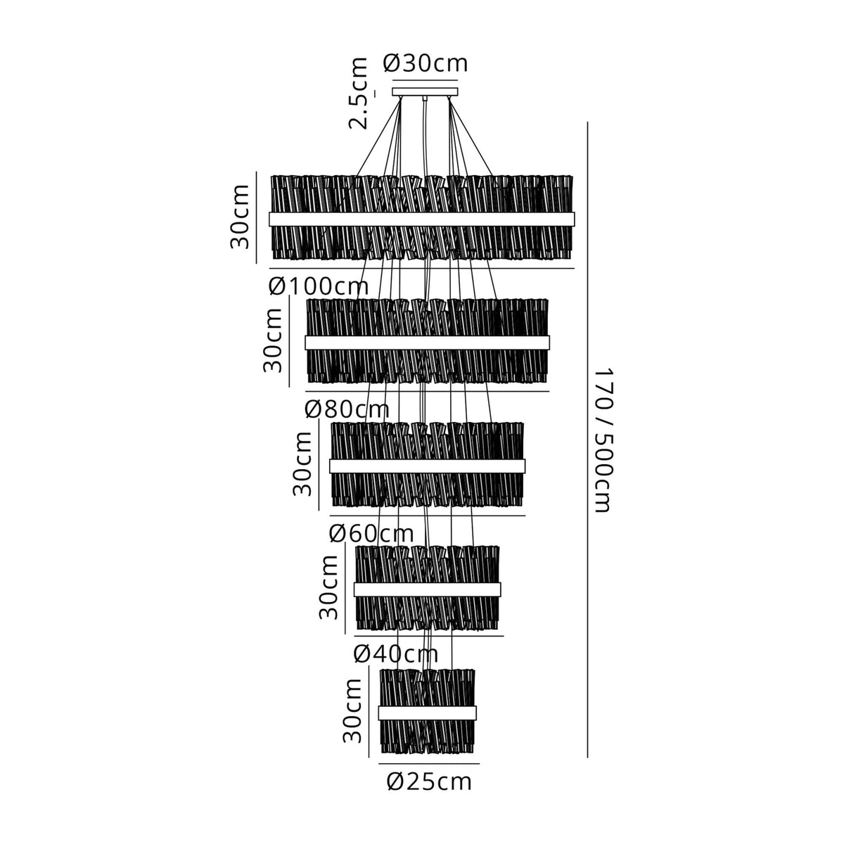 A diagram of a tiered chandelier with dimensions for each of its five sections.