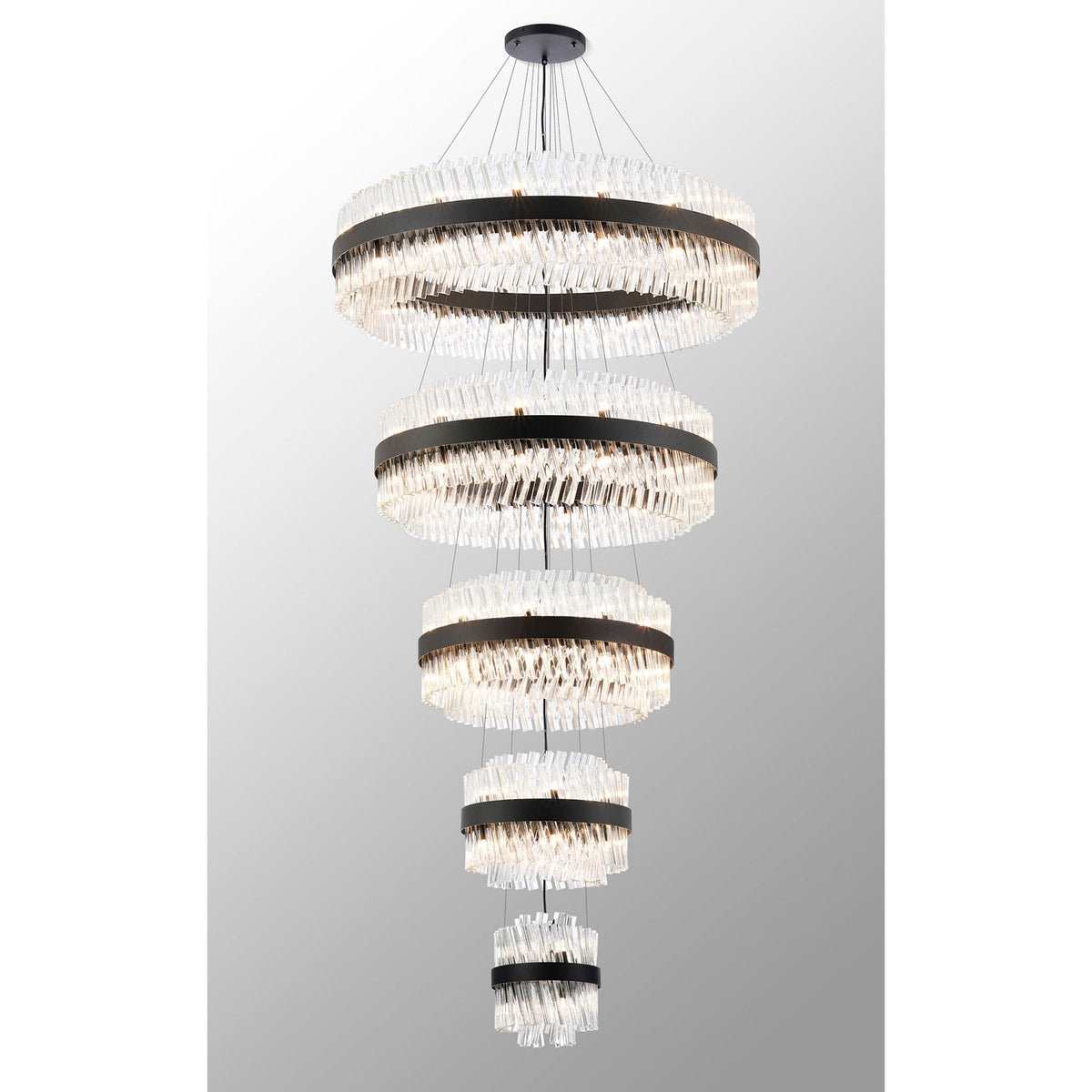 Kelly Five Tier Pendant 25cm, 40cm, 60cm, 80cm & 1m Tiers in Satin Black & Clear Glass