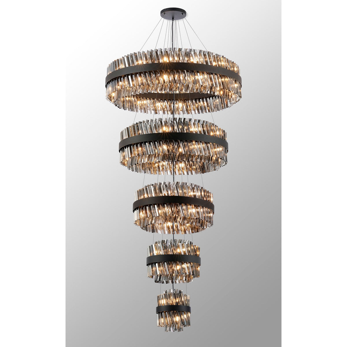 Kelly Five Tier Pendant 25cm, 40cm, 60cm, 80cm & 1m Tiers in Satin Black & Smoke Glass
