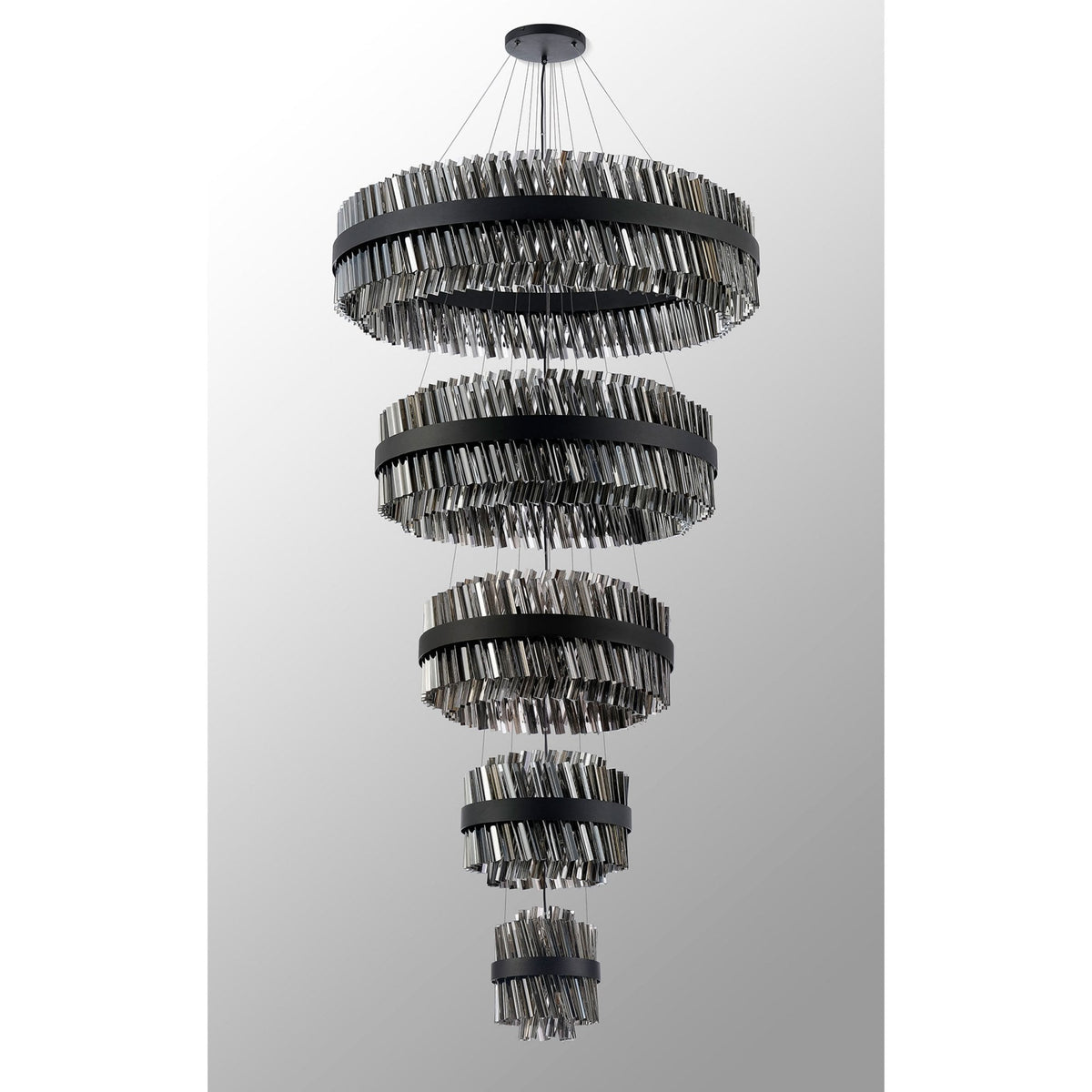 Kelly Five Tier Pendant 25cm, 40cm, 60cm, 80cm & 1m Tiers in Satin Black & Smoke Glass