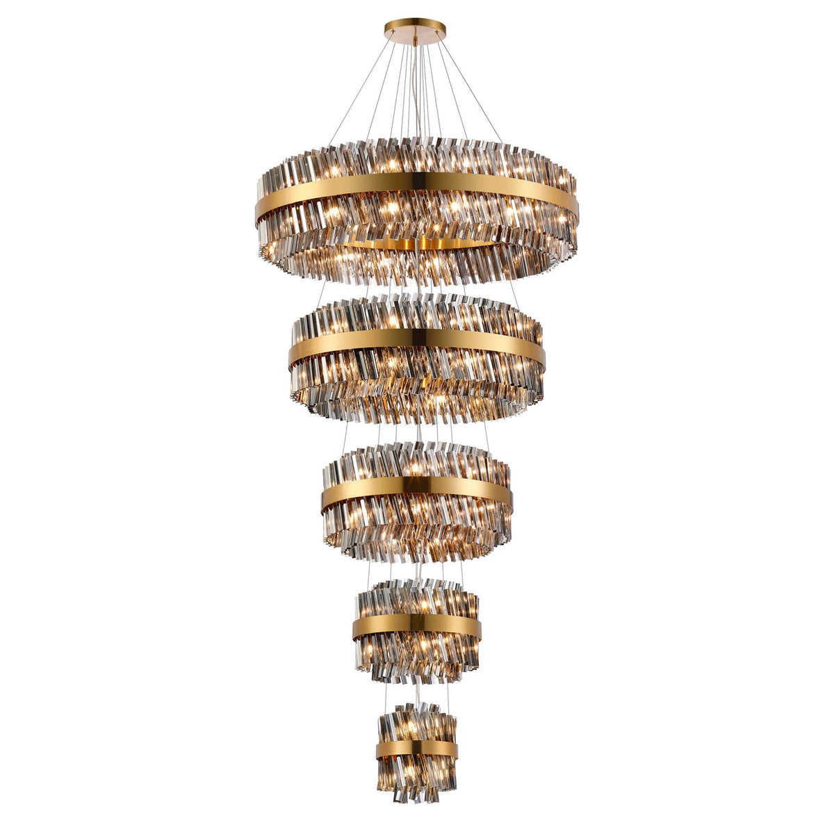 A grand, five-tier chandelier with gold rings and clear crystals, brightly lit.