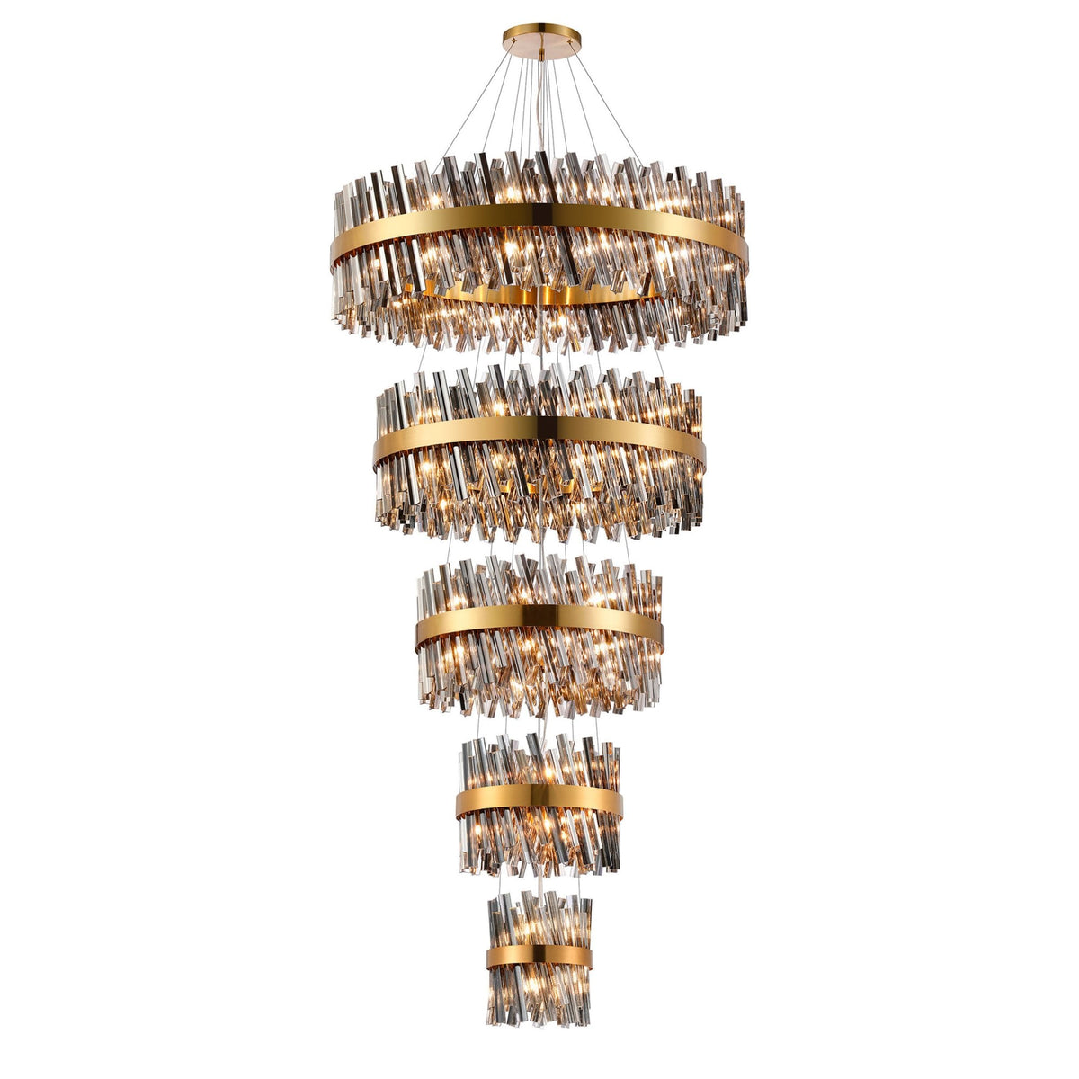 A grand, five-tier chandelier with gold rings and clear crystals, brightly lit.