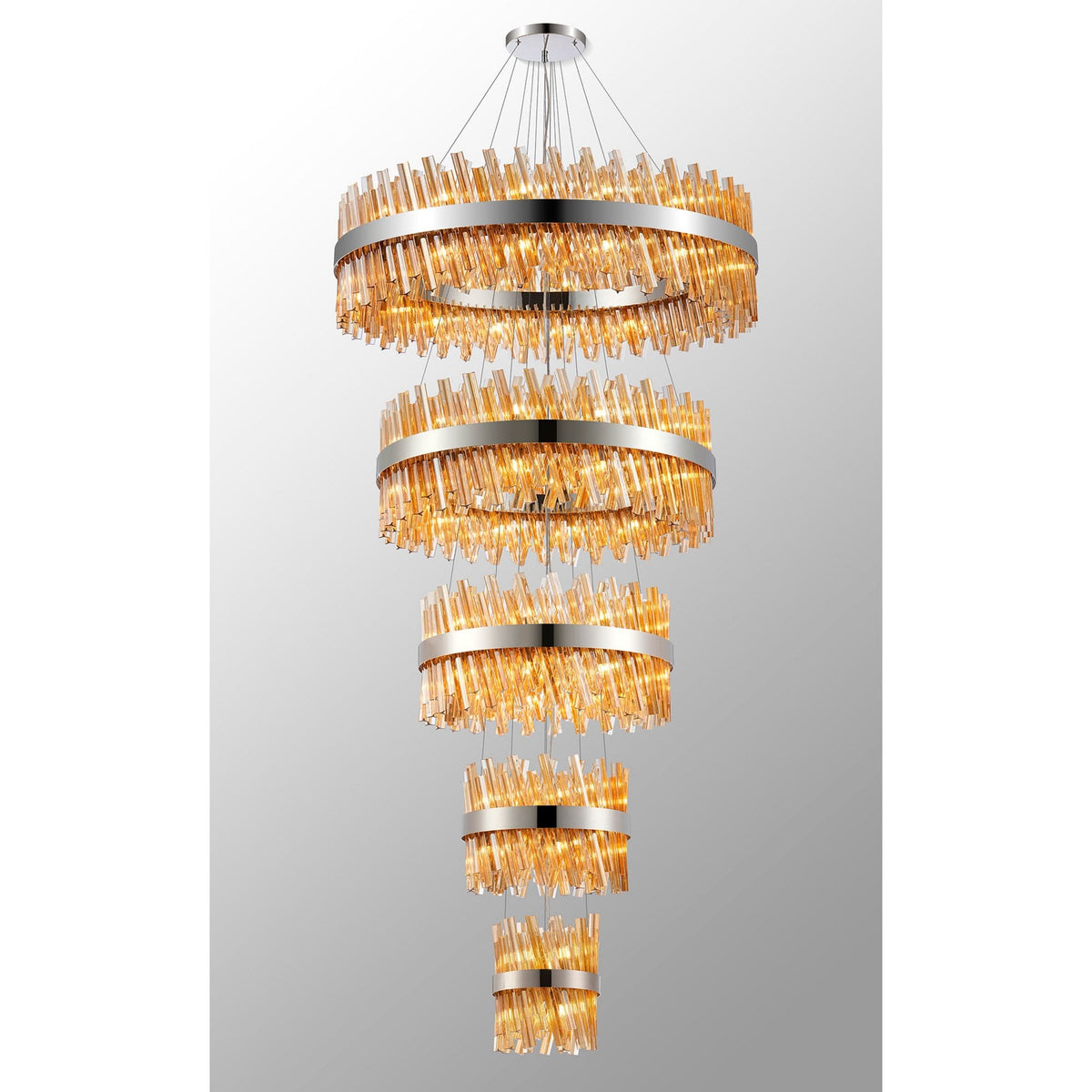 Kelly Five Tier Pendant 25cm, 40cm, 60cm, 80cm & 1m Tiers in Polished Nickel & Amber Glass
