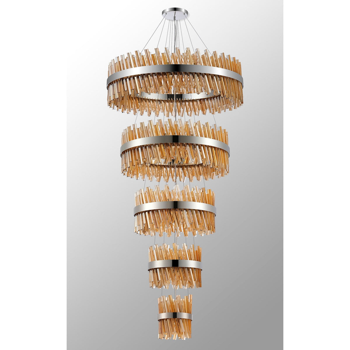 Kelly Five Tier Pendant 25cm, 40cm, 60cm, 80cm & 1m Tiers in Polished Nickel & Amber Glass