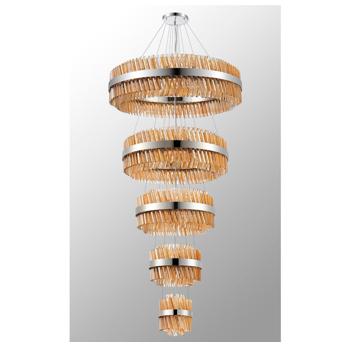 Kelly Five Tier Pendant 25cm, 40cm, 60cm, 80cm & 1m Tiers in Polished Nickel & Amber Glass