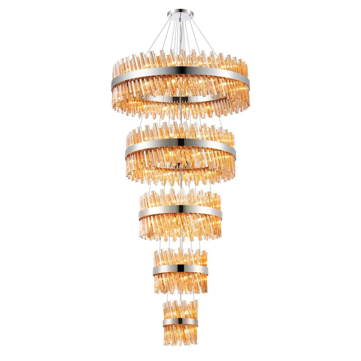 Kelly Five Tier Pendant 25cm, 40cm, 60cm, 80cm & 1m Tiers in Polished Nickel & Amber Glass